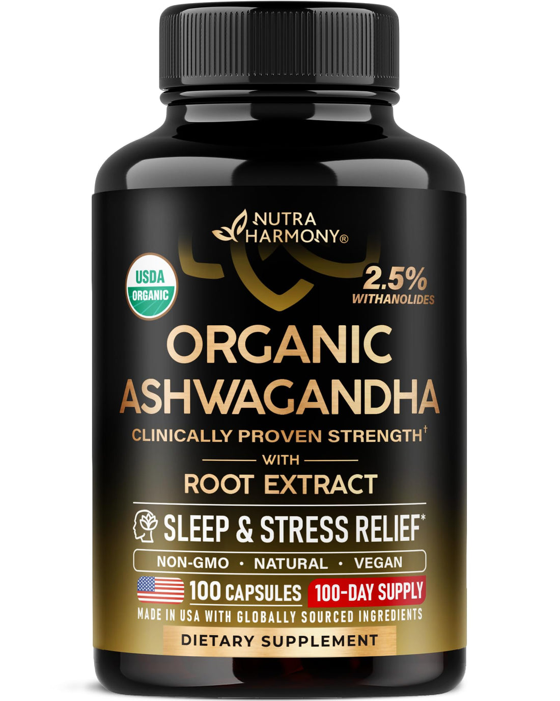 Ashwagandha Supplements 1800mg - USDA Organic Ashwagandha for Women & Men - Clinically Effective Strength for Stress Relief & Sleep - Powder & Root Extract 2.5% Withanolides - Made in USA 100 Capsules - OzHealthStandard