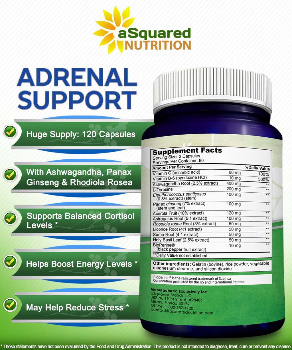 aSquared Nutrition Adrenal Support & Cortisol Manager Supplement (120 Capsules)-Adrenal Health w/Vitamin C Complex Pills to Support Fatigue & Stress Relief-Ashwagandha, L-Tyrosine, Rhodiola & Ginseng - OzHealthStandard
