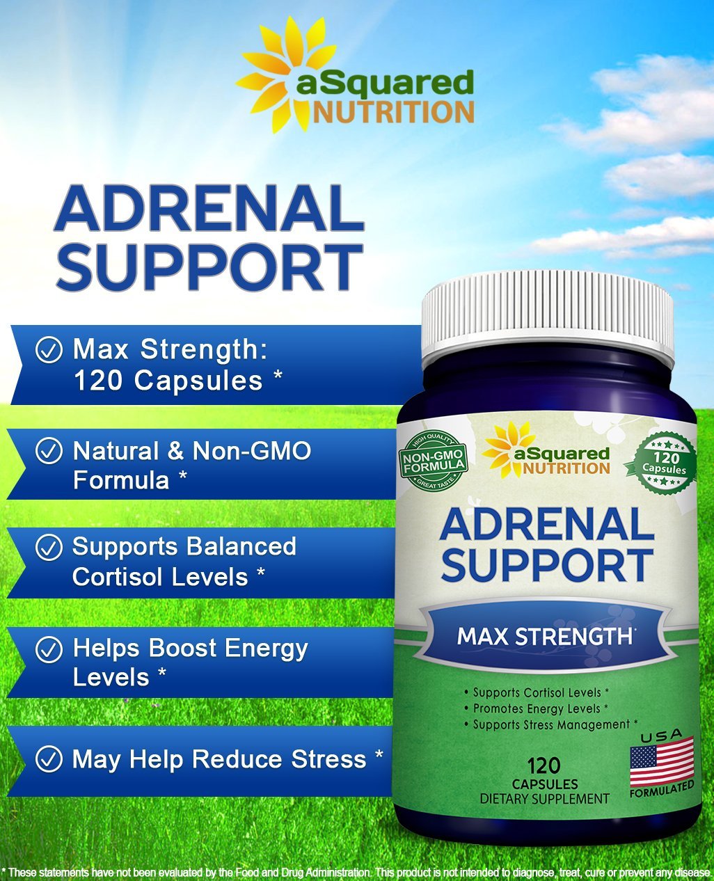 aSquared Nutrition Adrenal Support & Cortisol Manager Supplement (120 Capsules)-Adrenal Health w/Vitamin C Complex Pills to Support Fatigue & Stress Relief-Ashwagandha, L-Tyrosine, Rhodiola & Ginseng - OzHealthStandard