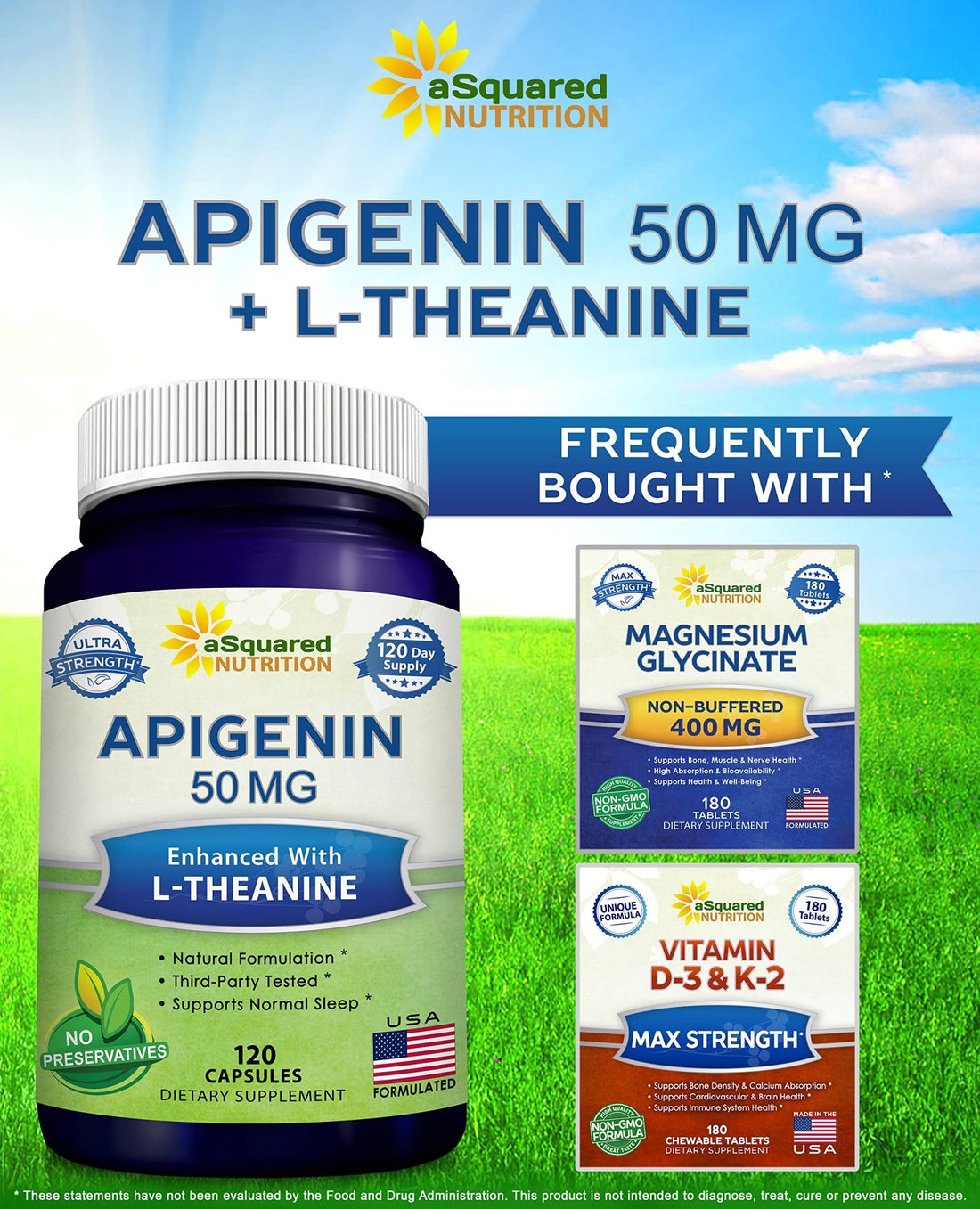 aSquared Nutrition Apigenin 50mg & L-Theanine 200mg - 120 Capsules - Apigenin Supplement Pills for Sleep and Relaxation - OzHealthStandard