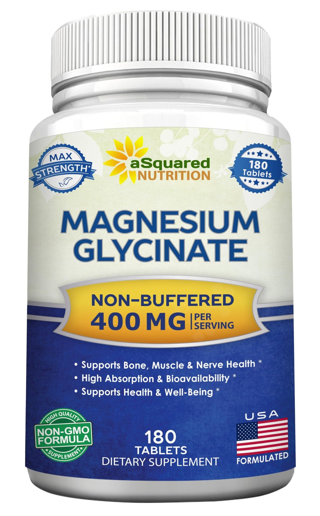 aSquared Nutrition Magnesium Glycinate 400mg - 180 Tablets - Max Strength Magnesium Bisglycinate Supplement -Maximum Bioavailability & Absorption-Non-GMO - OzHealthStandard