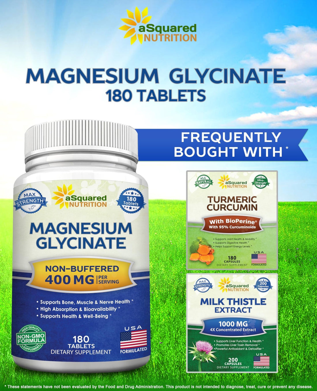 aSquared Nutrition Magnesium Glycinate 400mg - 180 Tablets - Max Strength Magnesium Bisglycinate Supplement -Maximum Bioavailability & Absorption-Non-GMO - OzHealthStandard