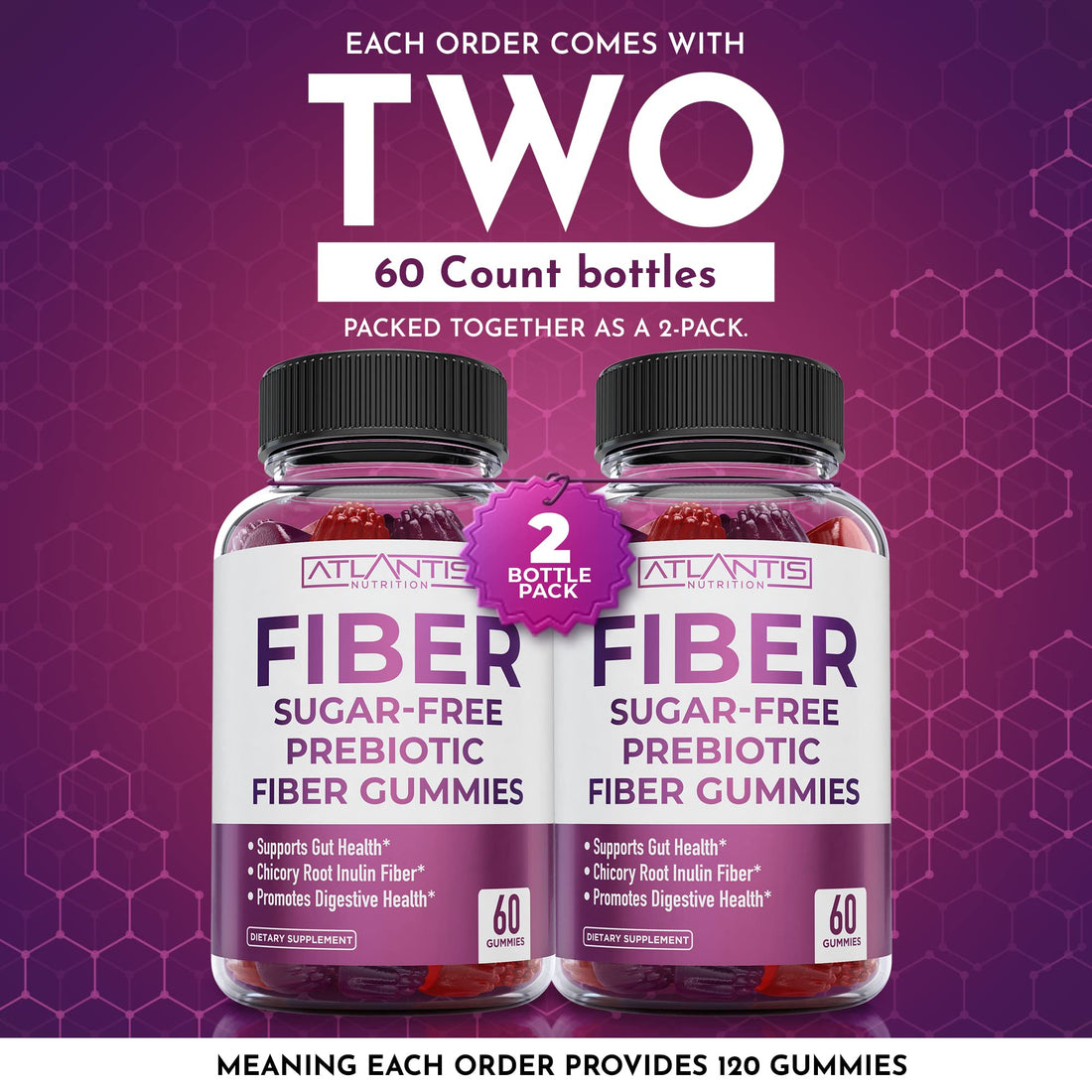 Atlantis Nutrition Sugar Free Fiber Gummies for Adults - 5G Fiber Supplement Formulated with 5.4G Prebiotic Digestive Blend/Serving - Supports Gut Health & Healthy Digestion - OzHealthStandard