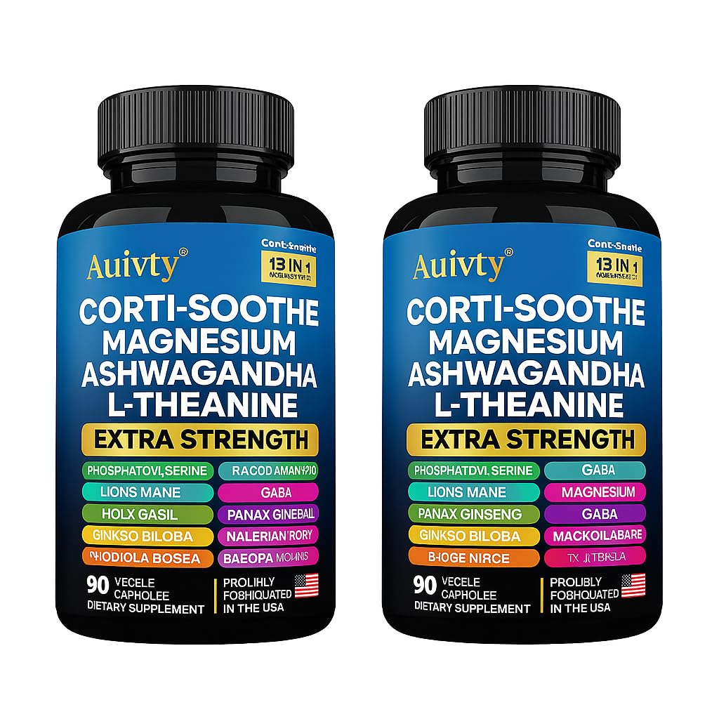 Auivty Cortisol Manager & Adrenal Support - Cortisol Reducer for Stress Relief, Calm & Sleep - 13-in-1 Adaptogen with Ashwagandha & Magnesium - 180 Capsules (2-Pack) - OzHealthStandard
