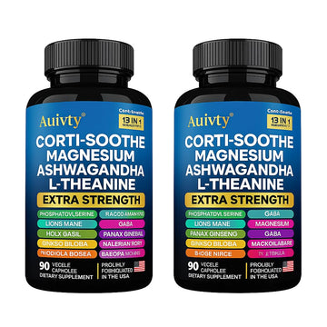 Auivty Cortisol Manager & Adrenal Support - Cortisol Reducer for Stress Relief, Calm & Sleep - 13-in-1 Adaptogen with Ashwagandha & Magnesium - 180 Capsules (2-Pack) - OzHealthStandard