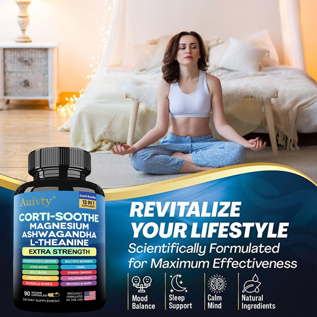 Auivty Cortisol Manager & Adrenal Support - Cortisol Reducer for Stress Relief, Calm & Sleep - 13-in-1 Adaptogen with Ashwagandha & Magnesium - 180 Capsules (2-Pack) - OzHealthStandard