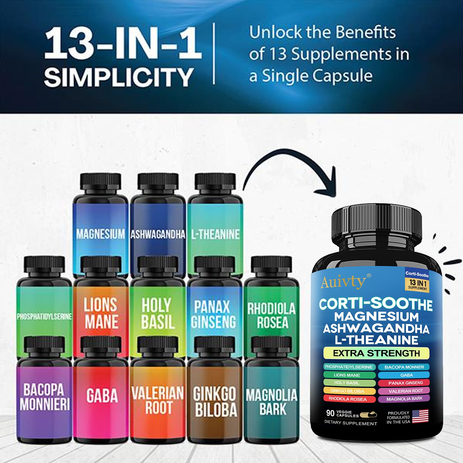 Auivty Cortisol Manager & Adrenal Support - Cortisol Reducer for Stress Relief, Calm & Sleep - 13-in-1 Adaptogen with Ashwagandha & Magnesium - 180 Capsules (2-Pack) - OzHealthStandard