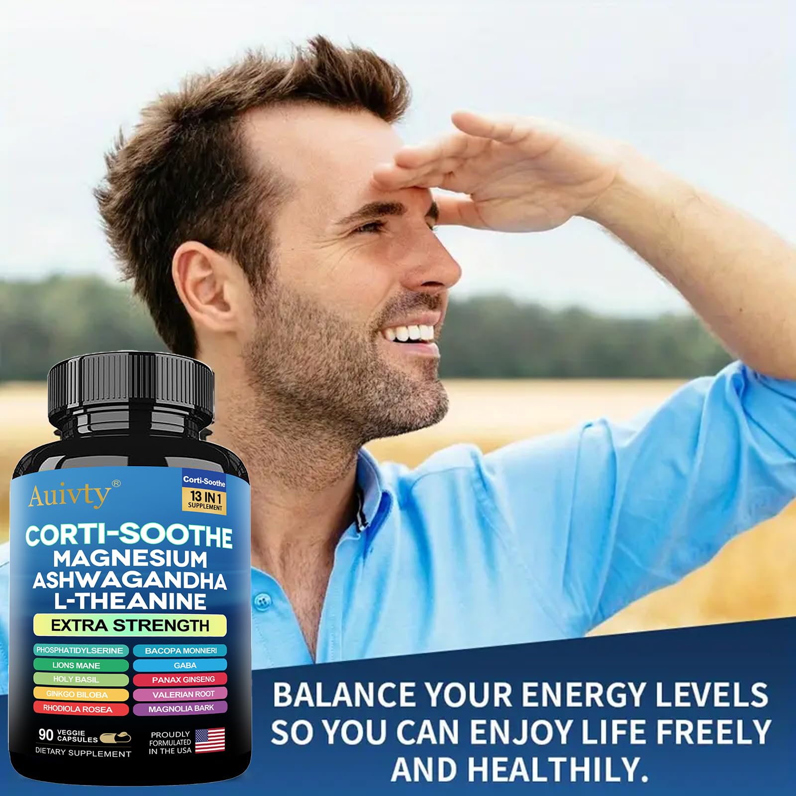 Auivty Cortisol Manager & Adrenal Support - Cortisol Reducer for Stress Relief, Calm & Sleep - 13-in-1 Adaptogen with Ashwagandha & Magnesium - 180 Capsules (2-Pack) - OzHealthStandard