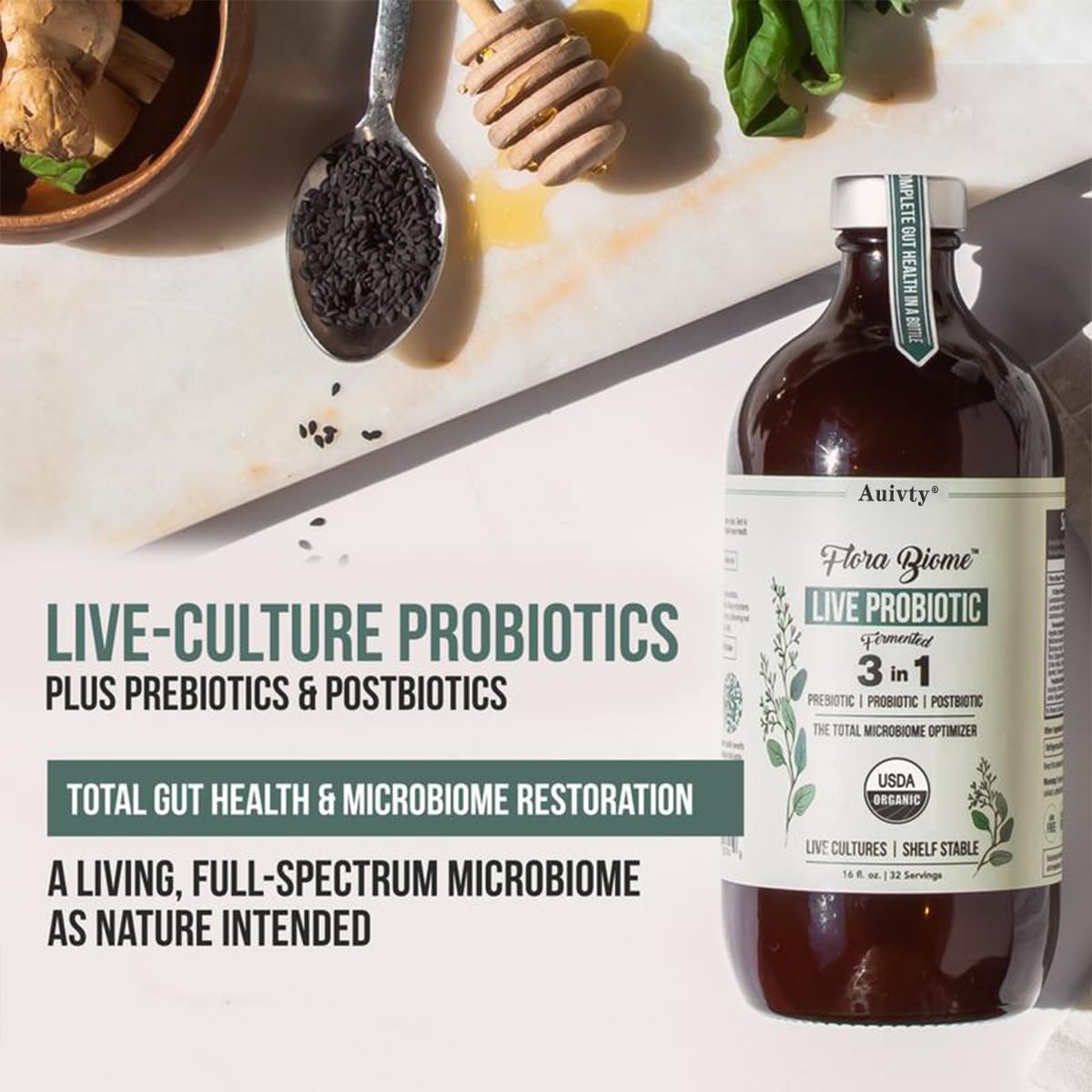 Auivty Flora Biome Live Probiotic Liquid, 3-in-1 Probiotic + Prebiotic + Postbiotic, 30 Billion CFU (at Time of Manufacture), 10 Strains, Fermented Herbal Blend with 18 Herbs, Shelf Stable, 16 fl oz - OzHealthStandard