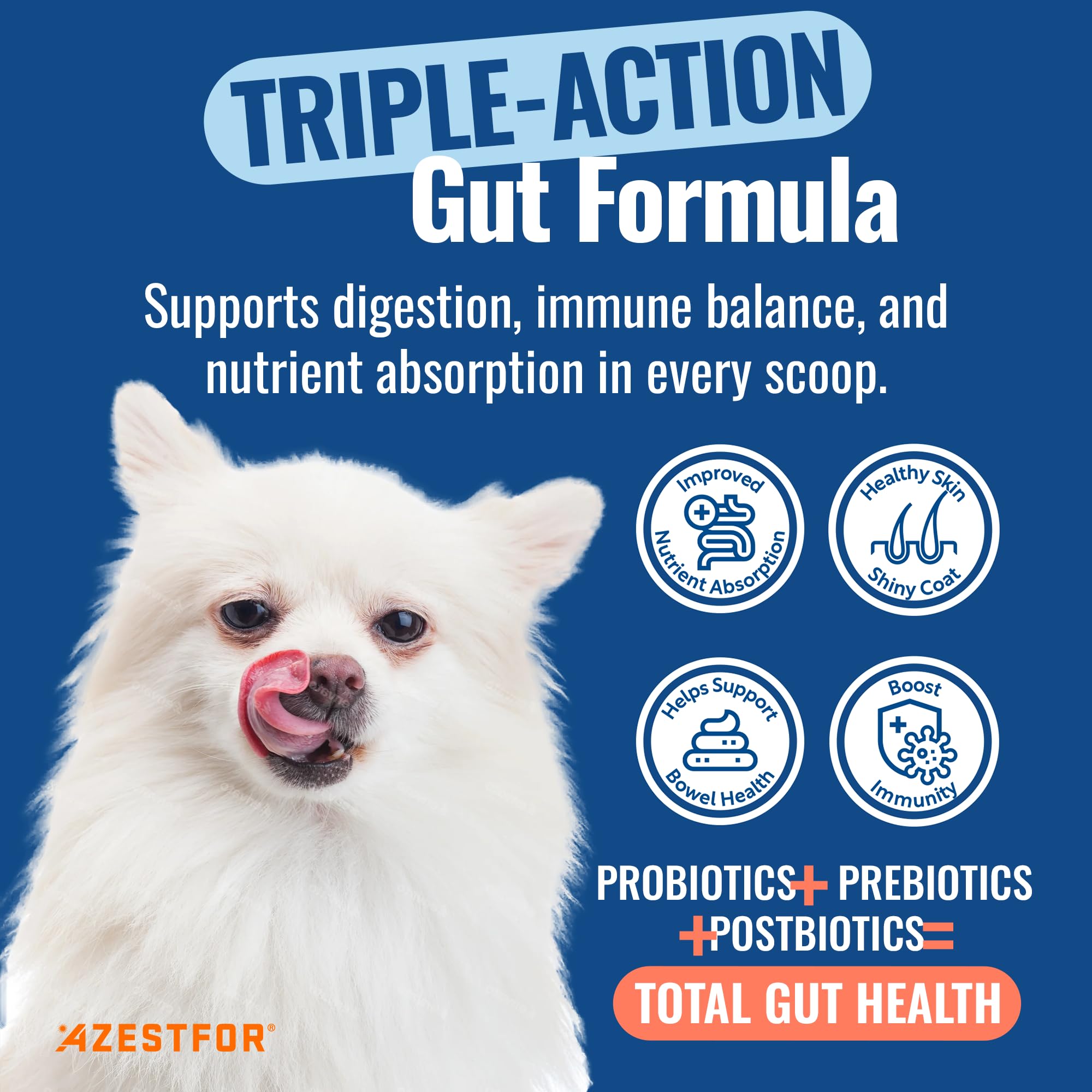 Azestfor Gut Health Supplement for Dogs – 3 in 1 Probiotic, Prebiotic & Postbiotic Blend – Supports Digestion, Immunity & Skin – Easy-to-Use Powder – for All Breeds & Sizes – 60g (30 Servings) - OzHealthStandard