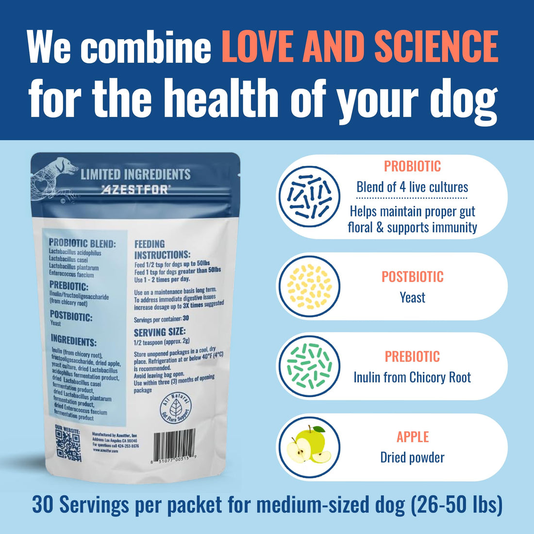 Azestfor Gut Health Supplement for Dogs – 3 in 1 Probiotic, Prebiotic & Postbiotic Blend – Supports Digestion, Immunity & Skin – Easy-to-Use Powder – for All Breeds & Sizes – 60g (30 Servings) - OzHealthStandard