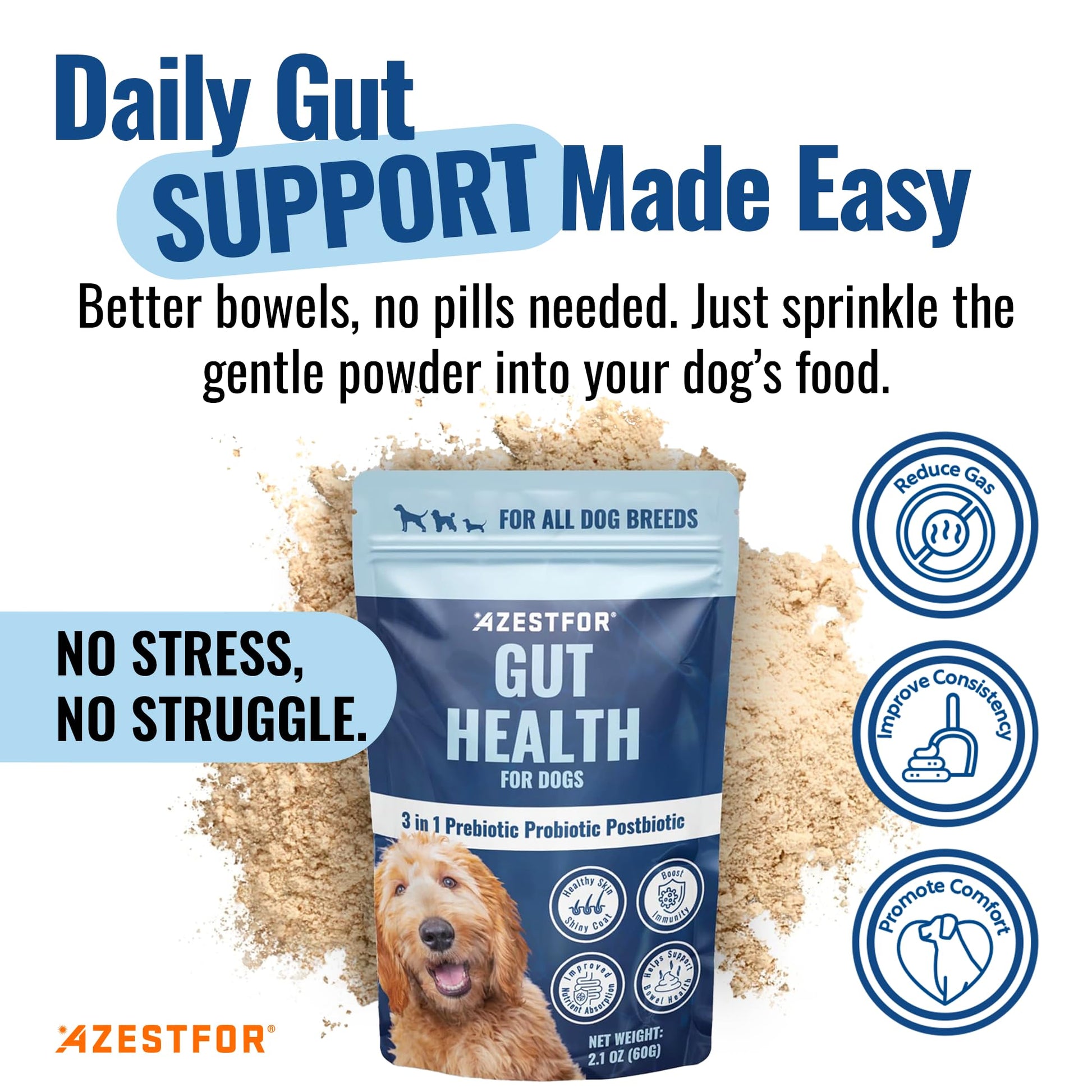 Azestfor Gut Health Supplement for Dogs – 3 in 1 Probiotic, Prebiotic & Postbiotic Blend – Supports Digestion, Immunity & Skin – Easy-to-Use Powder – for All Breeds & Sizes – 60g (30 Servings) - OzHealthStandard