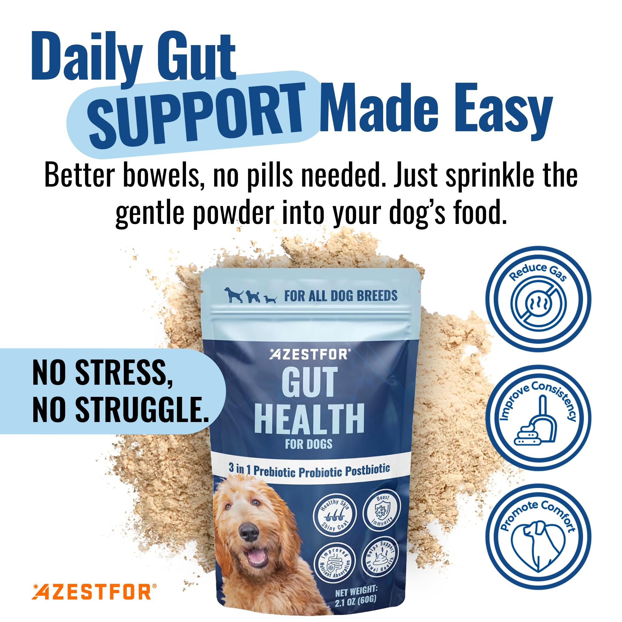 Azestfor Gut Health Supplement for Dogs – 3 in 1 Probiotic, Prebiotic & Postbiotic Blend – Supports Digestion, Immunity & Skin – Easy-to-Use Powder – for All Breeds & Sizes – 60g (30 Servings) - OzHealthStandard