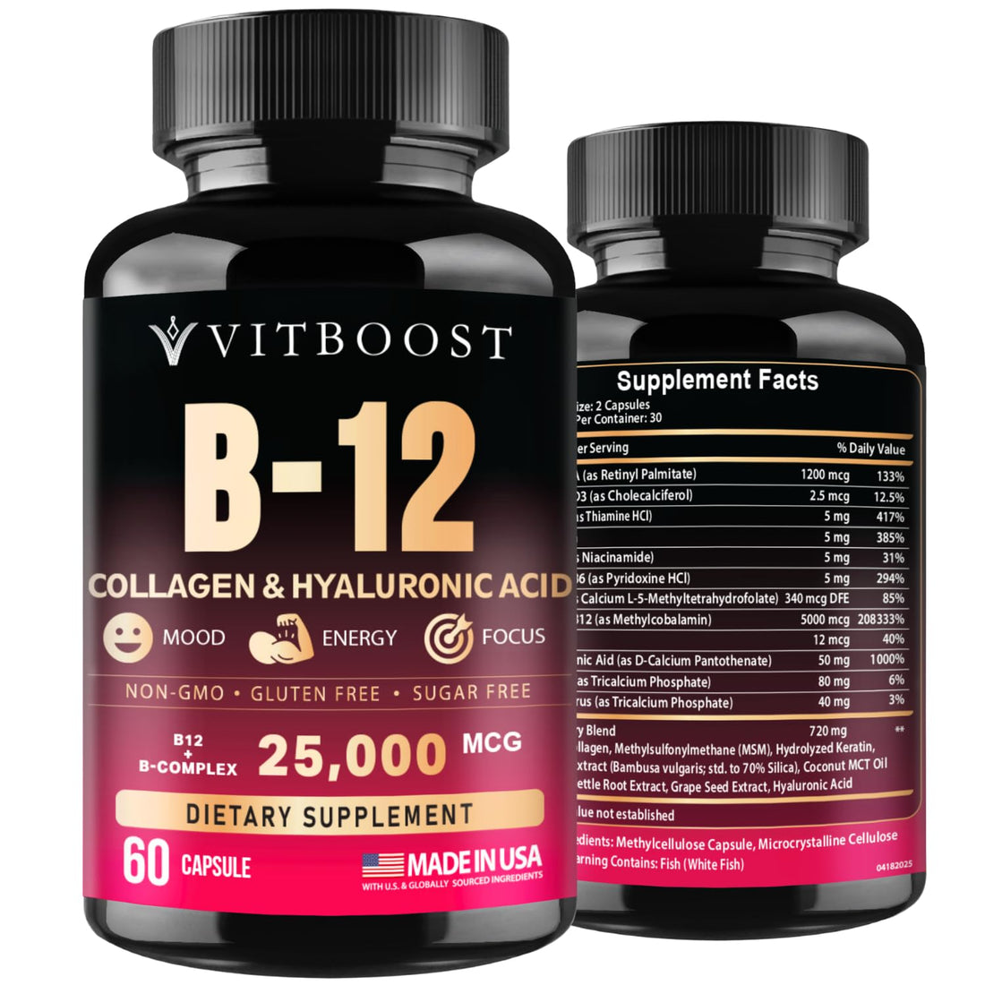 B12 with Hyaluronic Acid, Collagen and Folate – 25000 mcg B12 Complex | Maximize Absorption & Energy | Gluten Free USA Made, B1, B2, B3, B6, B7, B12 vitamins 5000 mcg - OzHealthStandard
