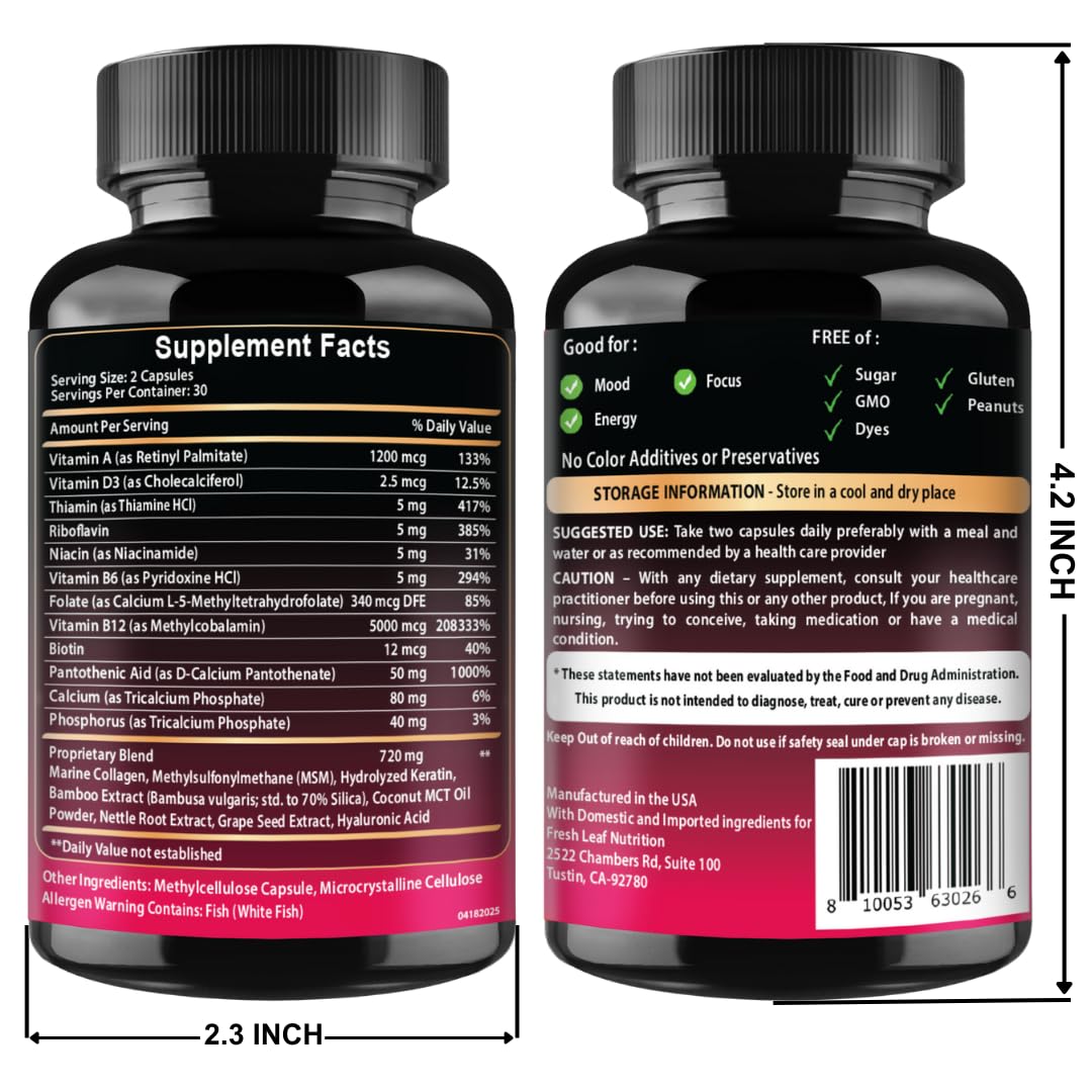 B12 with Hyaluronic Acid, Collagen and Folate – 25000 mcg B12 Complex | Maximize Absorption & Energy | Gluten Free USA Made, B1, B2, B3, B6, B7, B12 vitamins 5000 mcg - OzHealthStandard