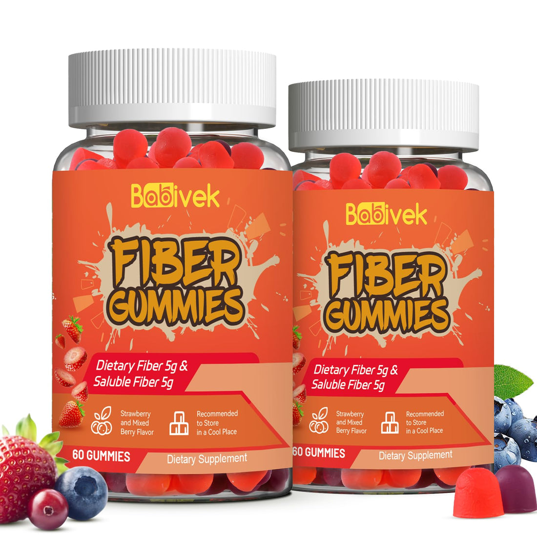Babivek Fiber Gummies for Women and Men – Dietary Fiber, Gut Health Support, Vegan, Non-GMO, Non-Gluten, Mixed Berry & Strawberry Flavors, 60 Count(Pack of 2) - OzHealthStandard