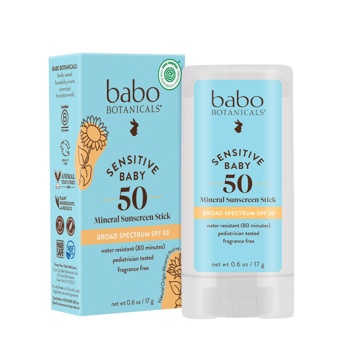 Babo Botanicals Sensitive Baby Mineral Sunscreen Stick SPF 50 - 70% Organic Ingredients - Zinc Oxide - NSF & MADE SAFE and EWG Certified - OzHealthStandard