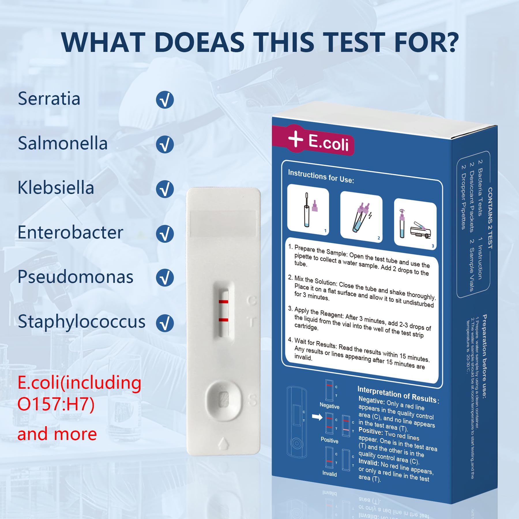 Bacteria Water Test Kit - Results as Fast as 15 MINS -Detects Coliform (Inc. E. coli) & Non-Coliform Bacteria in Drinking, Well Tap & Pool Water – 2 Pack - OzHealthStandard