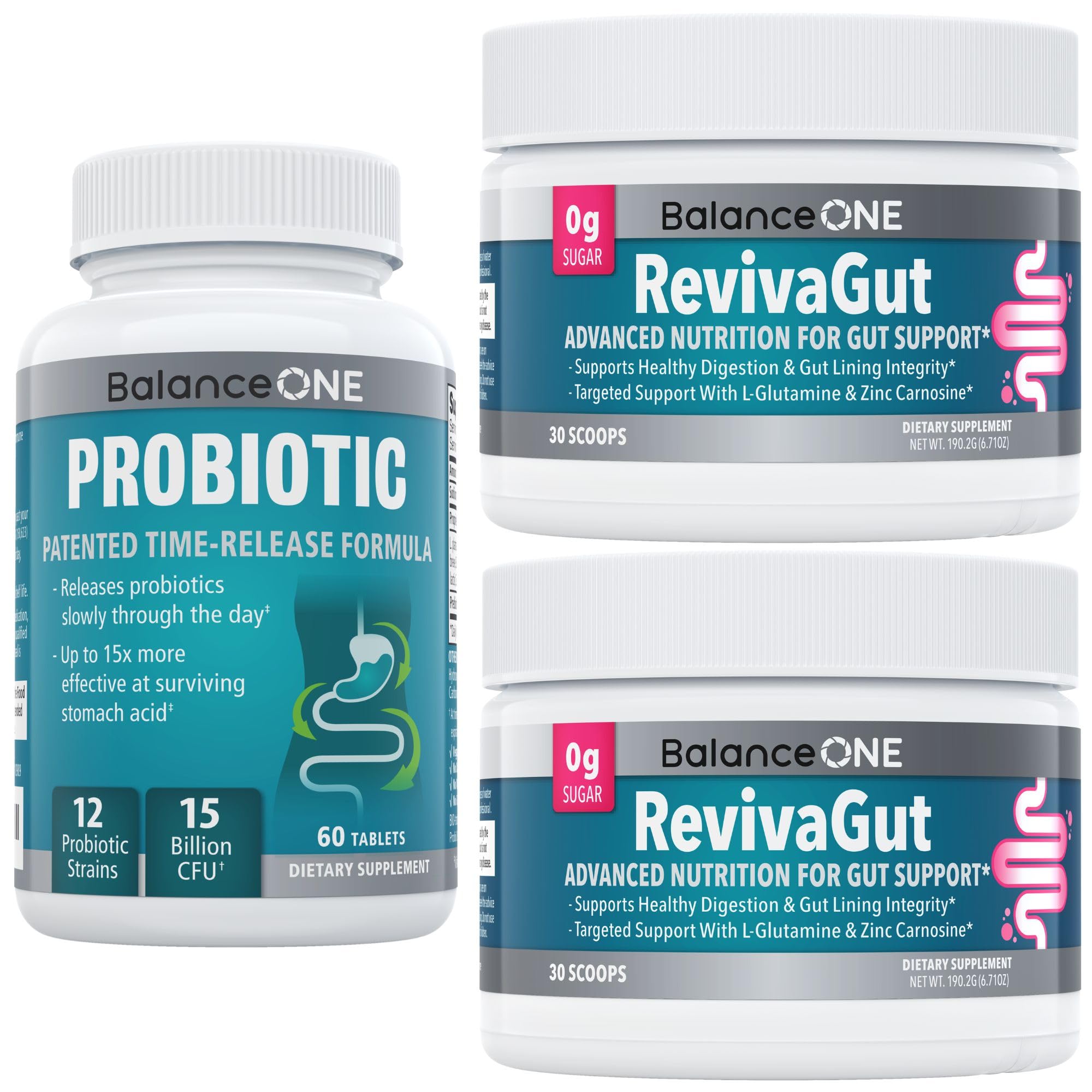 Balance ONE 2-Month Complete Digestive Support Bundle – Intestinal Barrier & Microbiome Kit – Includes 2X RevivaGut Powder & 1x Daily Probiotic (3 Pieces) - OzHealthStandard
