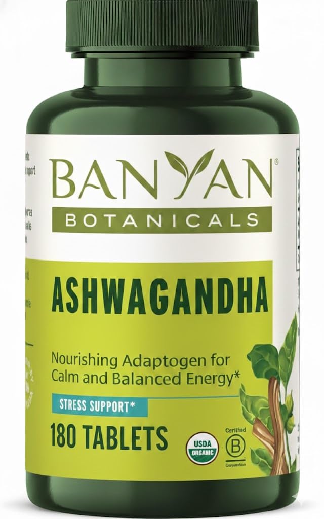 Banyan Botanicals Organic Ashwagandha - 1000mg per Serving - Cortisol Manager & Stress Relief Supplement - Adrenal Support for Mood, Restful Sleep & Muscle Recovery - 180 Tablets - Non-GMO, Vegan* - OzHealthStandard