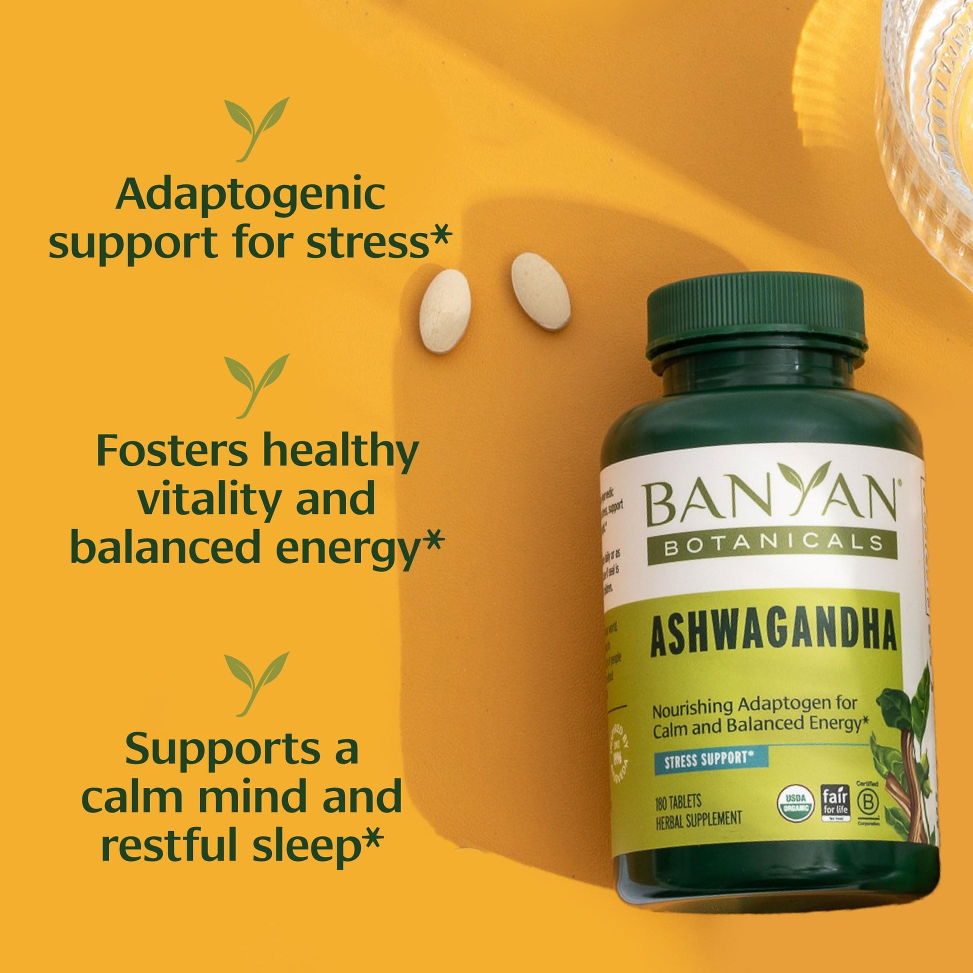Banyan Botanicals Organic Ashwagandha - 1000mg per Serving - Cortisol Manager & Stress Relief Supplement - Adrenal Support for Mood, Restful Sleep & Muscle Recovery - 180 Tablets - Non-GMO, Vegan* - OzHealthStandard