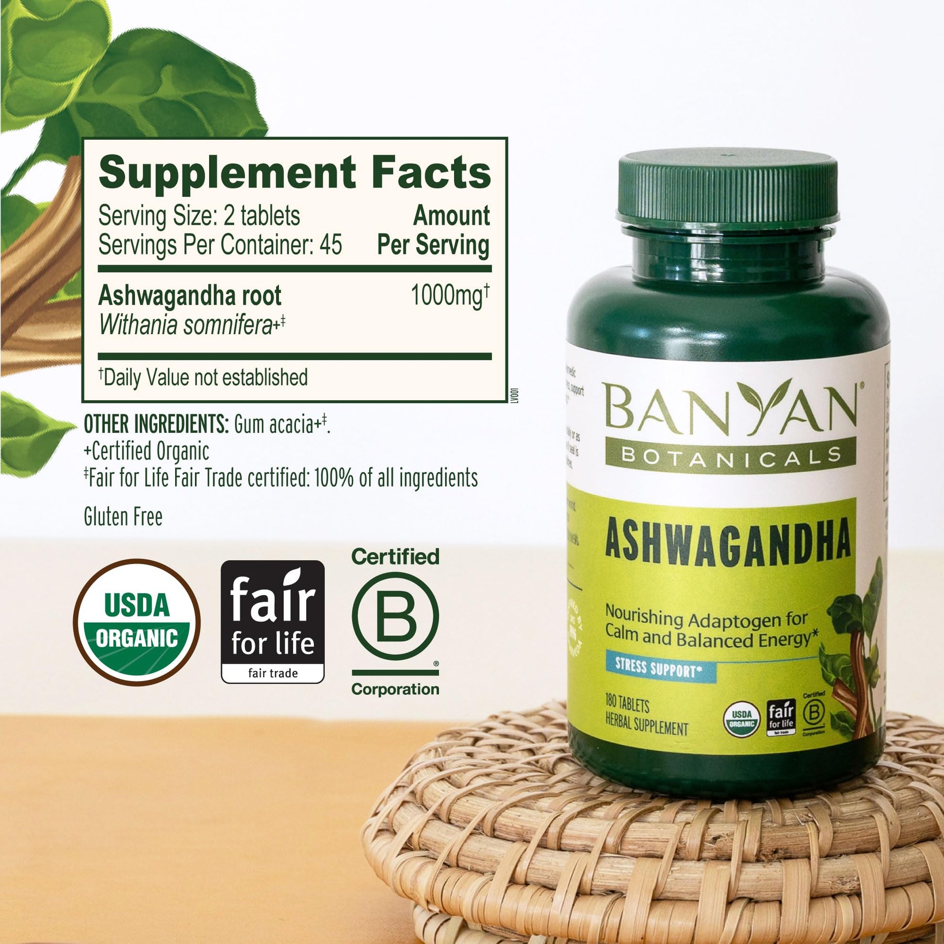 Banyan Botanicals Organic Ashwagandha - 1000mg per Serving - Cortisol Manager & Stress Relief Supplement - Adrenal Support for Mood, Restful Sleep & Muscle Recovery - 180 Tablets - Non-GMO, Vegan* - OzHealthStandard