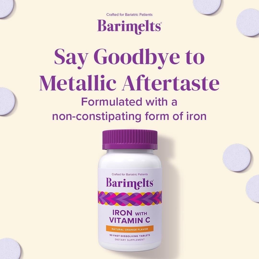 Barimelts Iron with Vitamin C, 90 Fast-Dissolving Tablets (1-Month Supply), Sugar-Free Bariatric Iron Supplement for Women, Natural Orange Flavor - OzHealthStandard