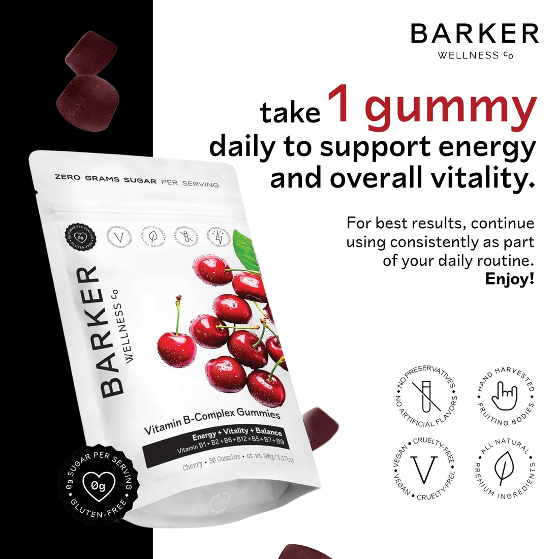 Barker Wellness Vegan B-Complex Gummies – Comprehensive Energy & Metabolism Boost with B1, B5, B6, B7 Biotin, B9 Folate, B12 - OzHealthStandard