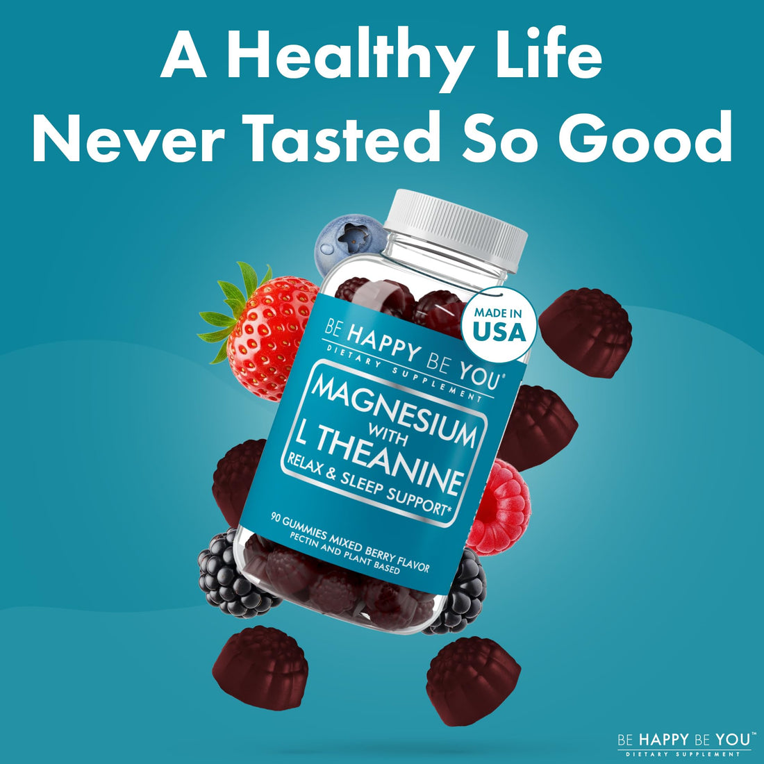 Be Happy Be You Magnesium Glycinate Gummies with L-Theanine – Relaxation & Sleep Support – Vegan, Gelatin-Free, Mixed Berry Flavor - OzHealthStandard
