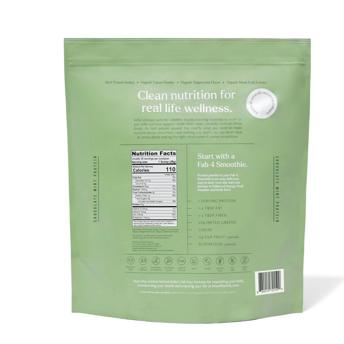 Be Well by Kelly Mint Chocolate Grass-Fed Beef Protein Powder, 23G of Protein & 1G of Carbs (4 Ingredients, 30 Servings) 9 Amino Acids + 3 BCAAs No Soy, - OzHealthStandard
