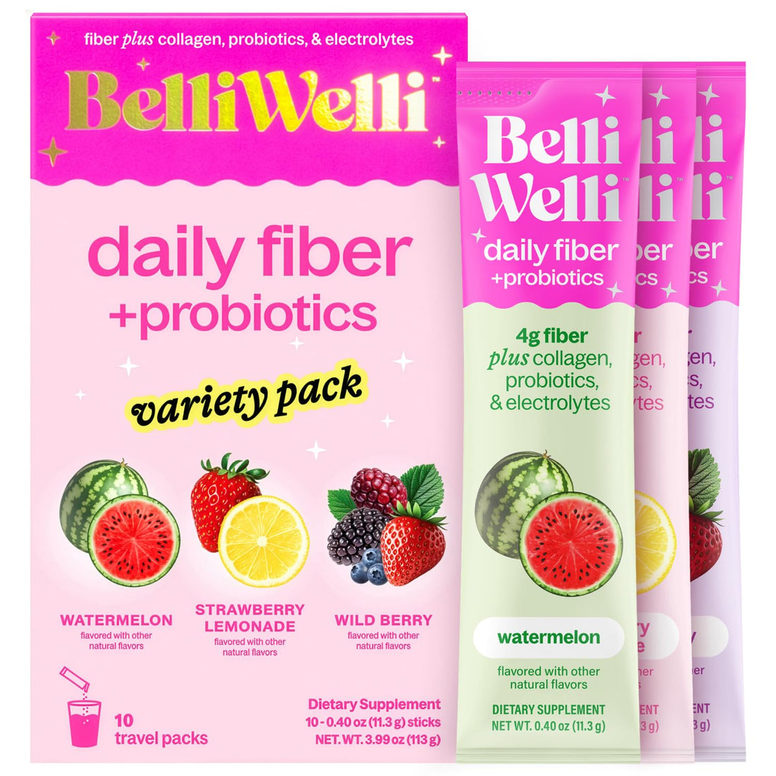 Belli Welli Daily Fiber Supplement Packets with Collagen, Probiotics & Electrolytes | Single Serve Packets for Gut Health - OzHealthStandard