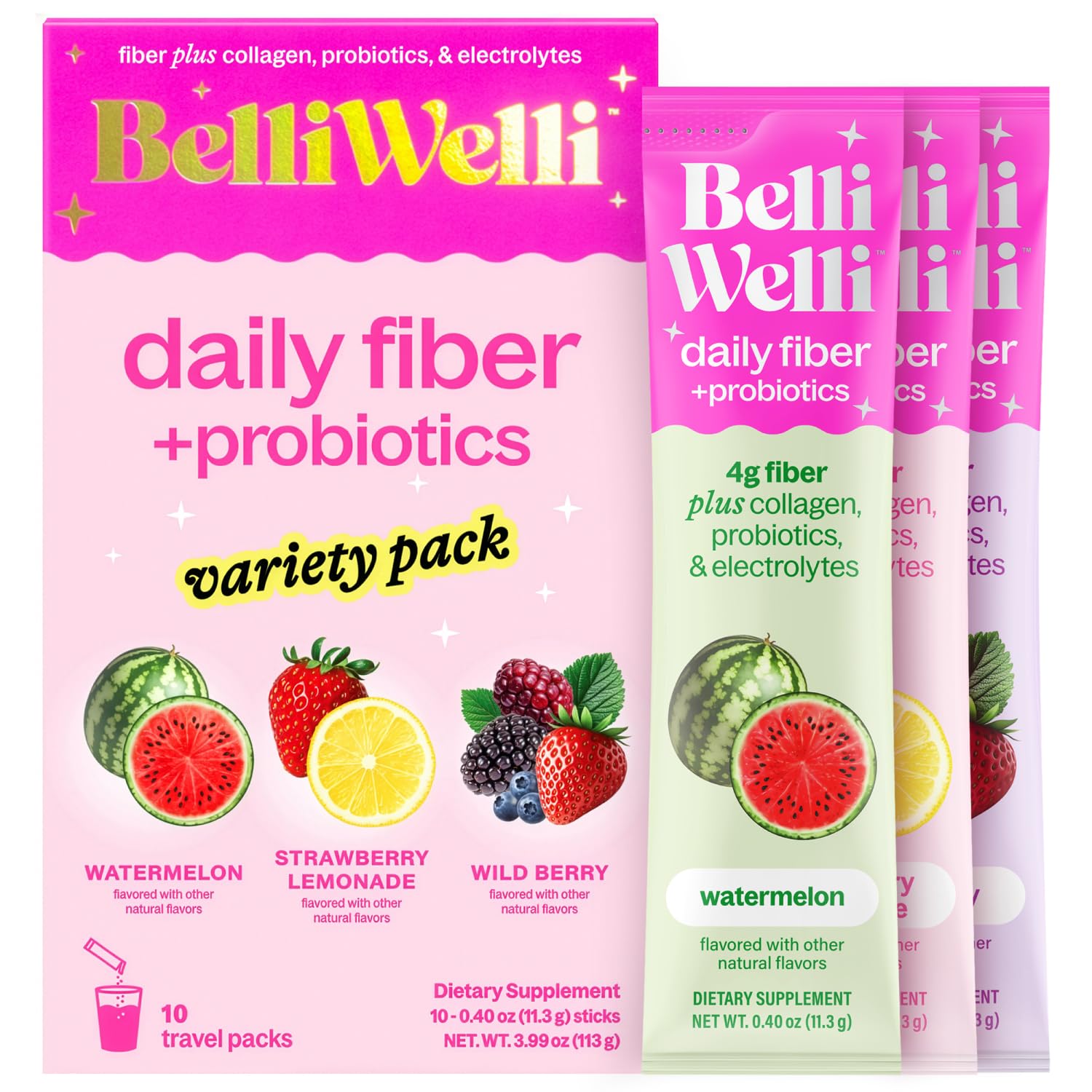 Belli Welli Daily Fiber Supplement Packets with Collagen, Probiotics & Electrolytes | Single Serve Packets for Gut Health - OzHealthStandard