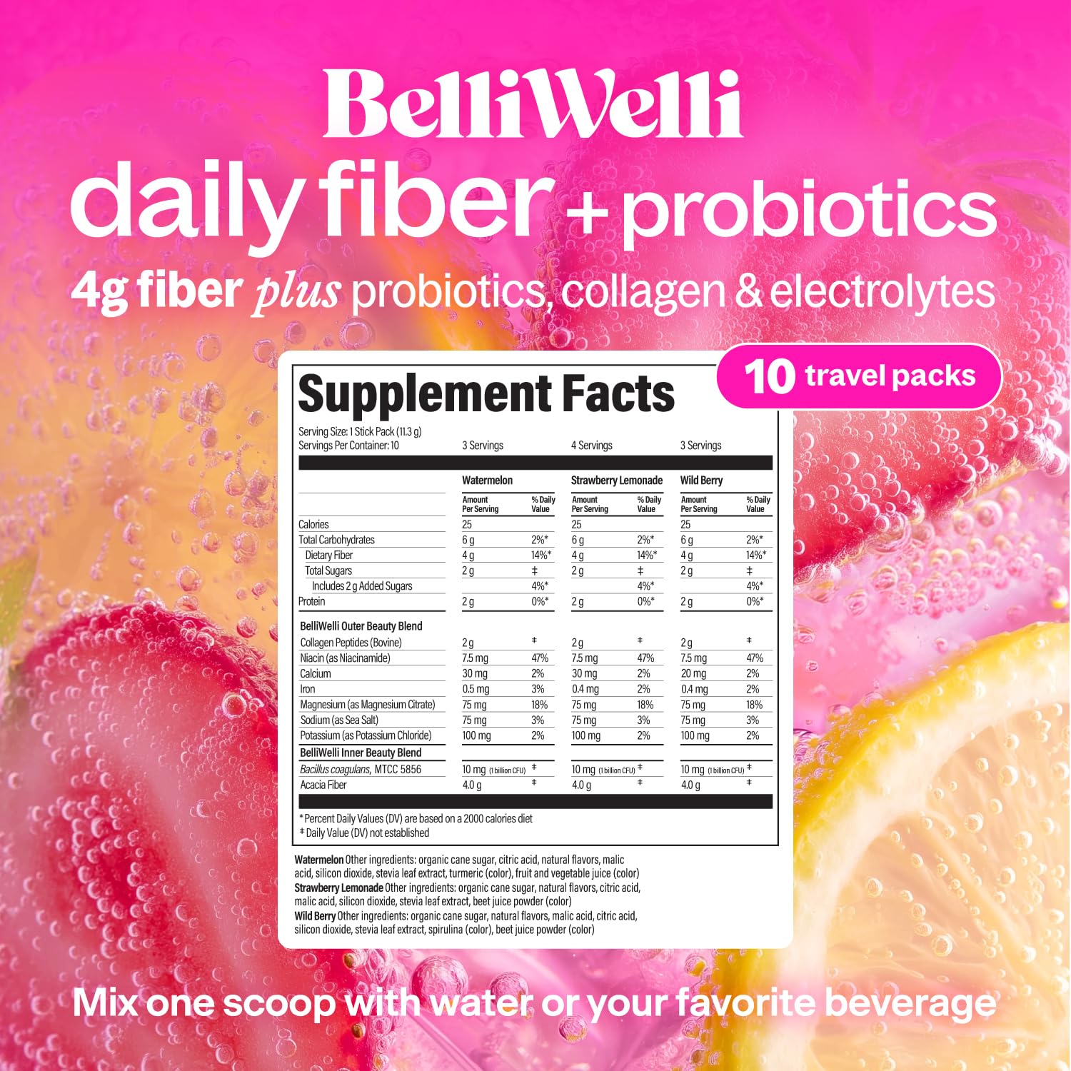 Belli Welli Daily Fiber Supplement Packets with Collagen, Probiotics & Electrolytes | Single Serve Packets for Gut Health - OzHealthStandard