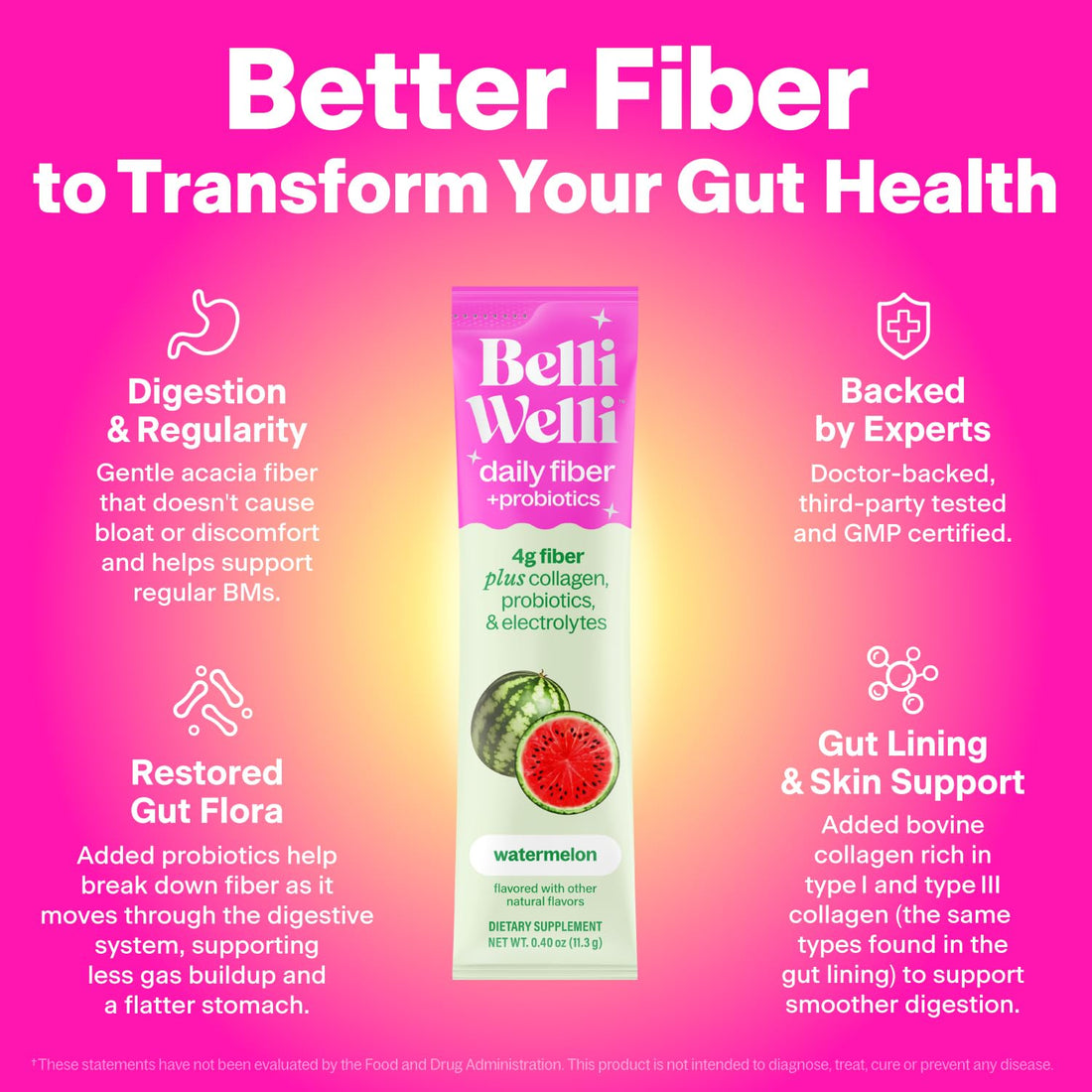 Belli Welli Daily Fiber Supplement Packets with Collagen, Probiotics & Electrolytes | Single Serve Packets for Gut Health - OzHealthStandard