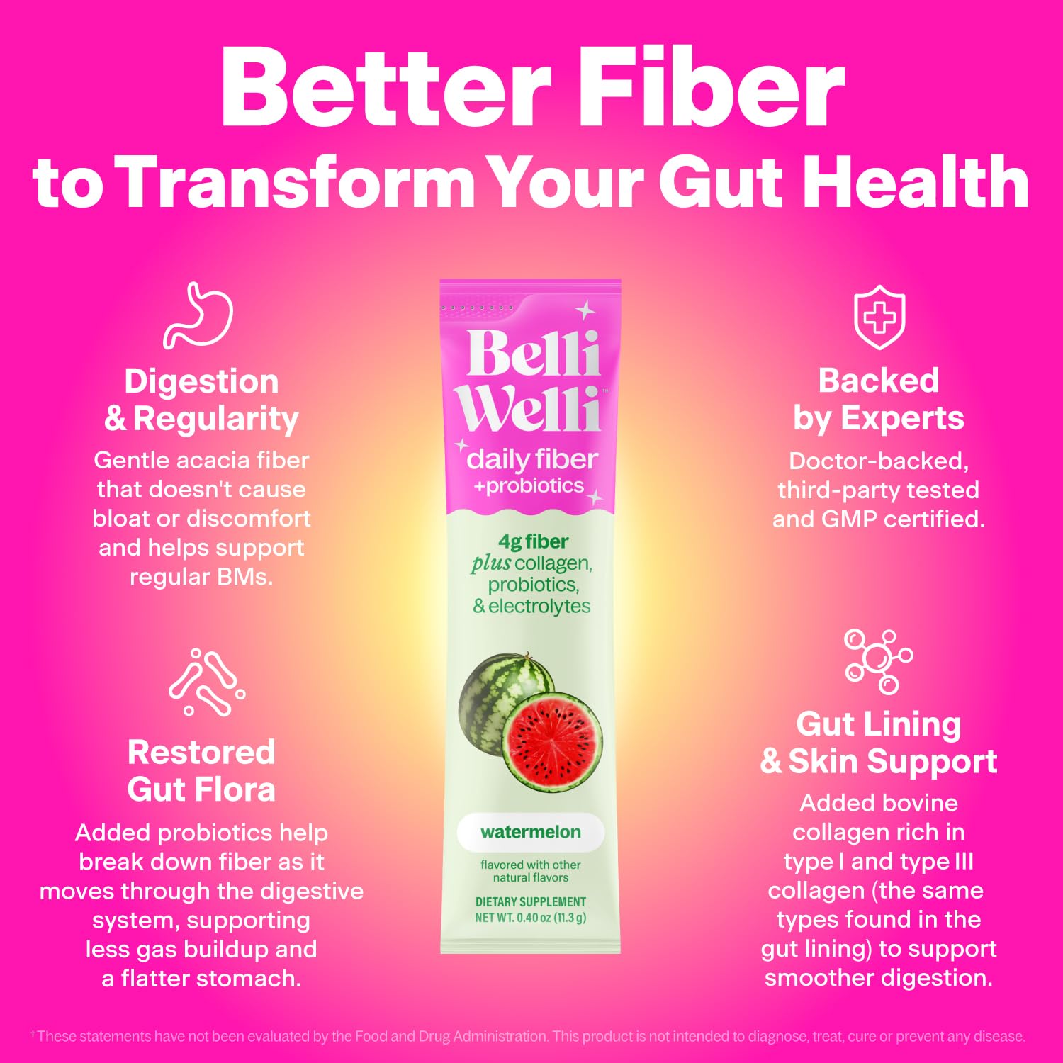 Belli Welli Daily Fiber Supplement Packets with Collagen, Probiotics & Electrolytes | Single Serve Packets for Gut Health - OzHealthStandard