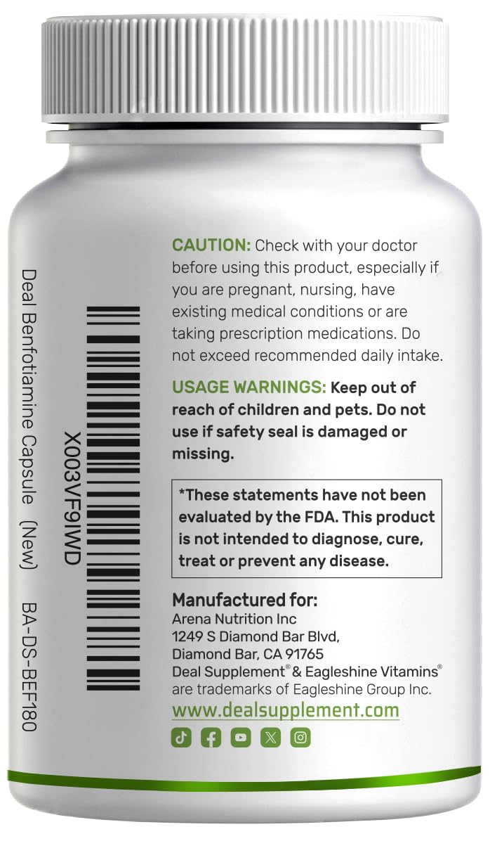 Benfotiamine 600mg Per Serving, 180 Veggie Capsules (300mg Per Cap) – Fat Soluble Vitamin B1 Thiamine Supplement - OzHealthStandard