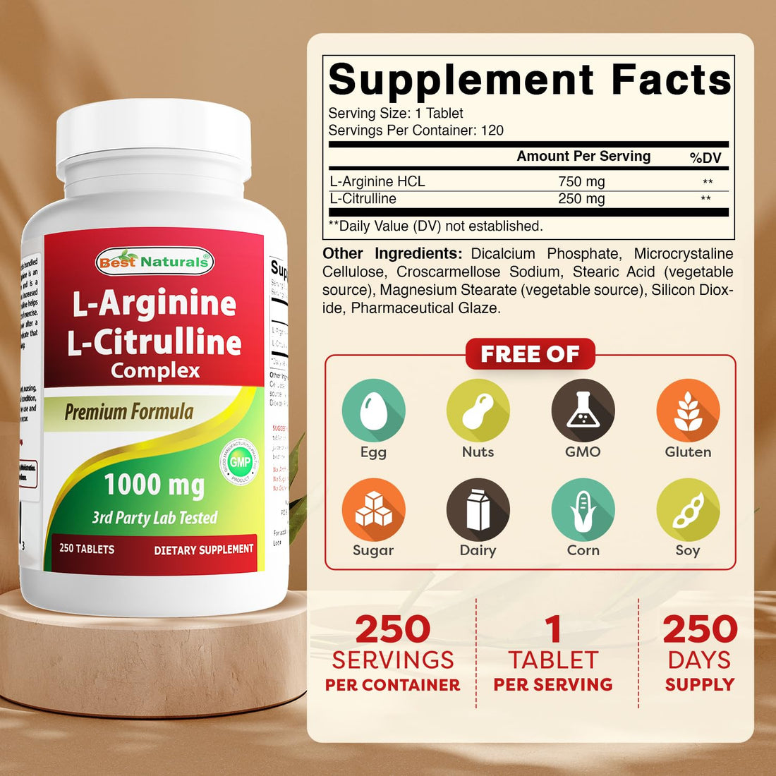 Best Naturals L-Arginine L-Citruline Complex Tablets, 250 Count - OzHealthStandard