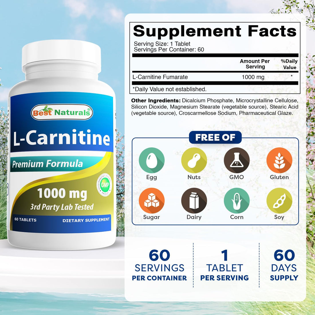 Best Naturals L-Carnitine 1000mg 60 Tablets (60 Count (Pack of 1)) - OzHealthStandard