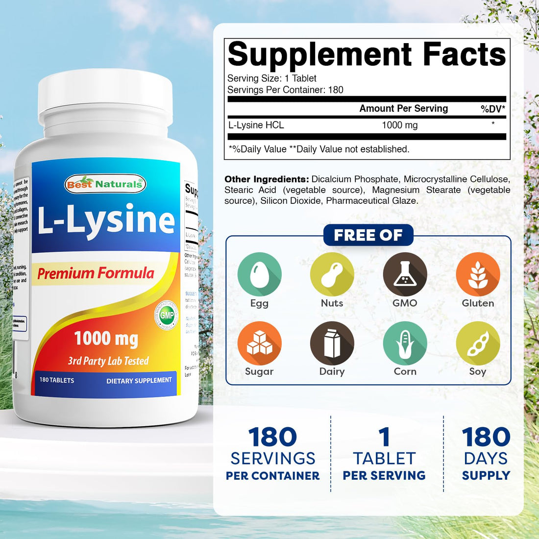 Best Naturals L-Lysine 1000mg 180 Tablets - Double Strength Lysine for stronger immune health & cold sores - OzHealthStandard