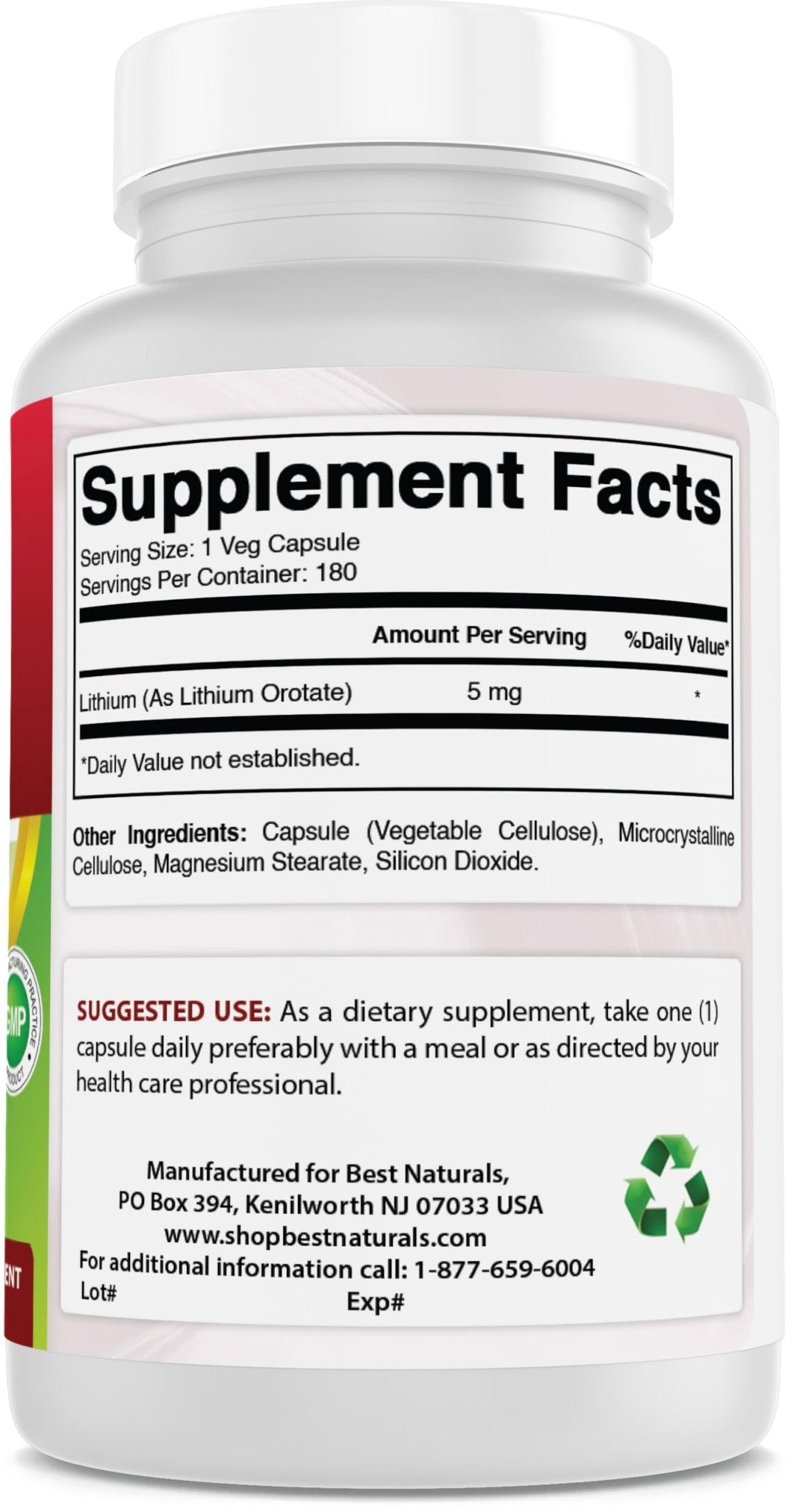 Best Naturals Lithium Orotate 5 mg 180 Capsules - Non GMO - Gluten Free - OzHealthStandard