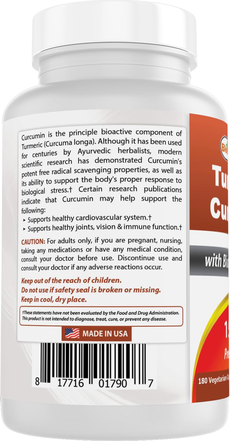 Best Naturals Turmeric Curcumin 1500mg/Serving with Bioperine - 180 Veggie Capsules - OzHealthStandard