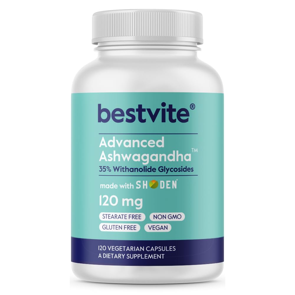 BESTVITE Advanced Ashwagandha 120mg w/Shoden (120 Vegetarian Capsules) - Clinically Studied Containing Industry Leading 35% Withanolide Glycosides - No Stearates - Vegan - Non GMO - Gluten Free - OzHealthStandard