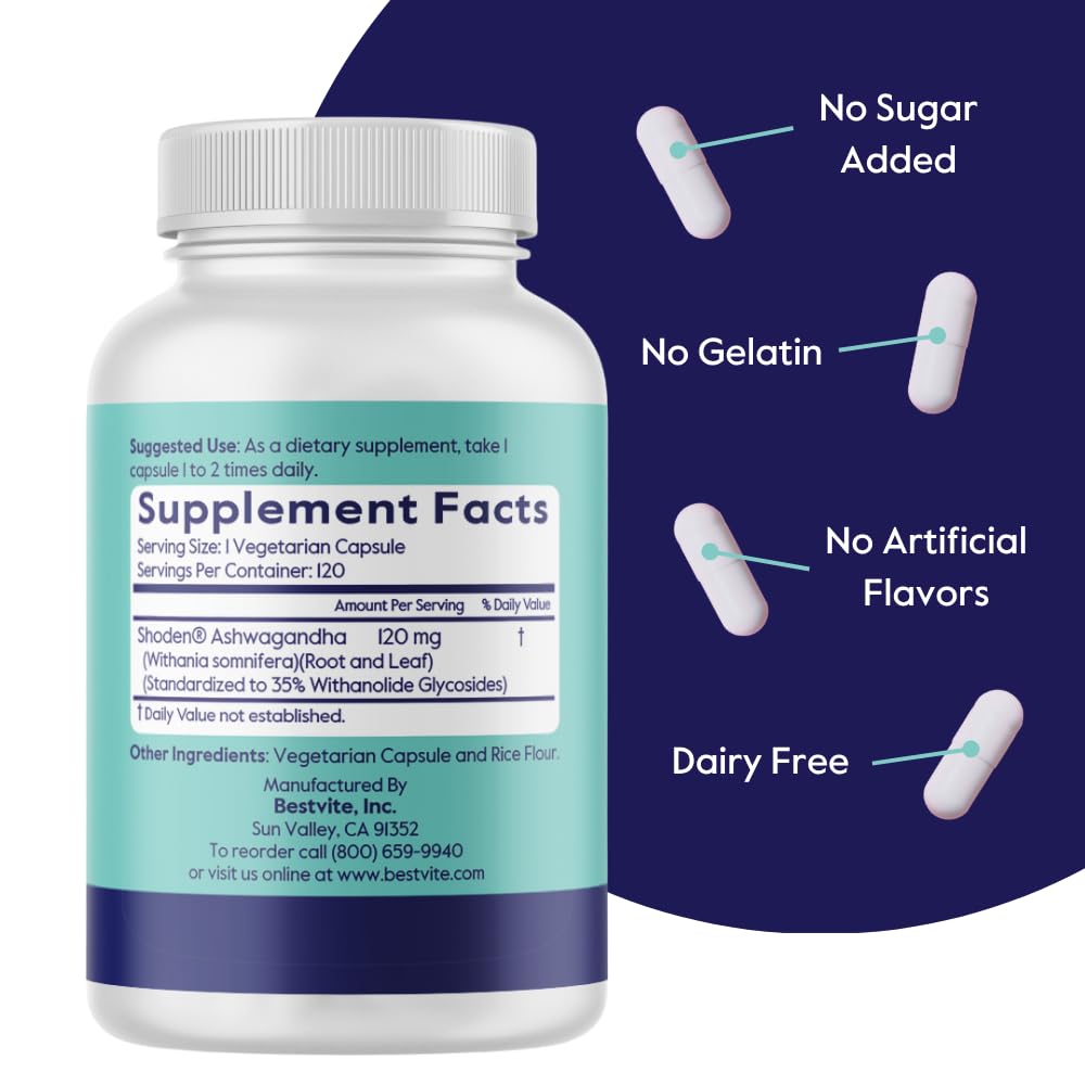 BESTVITE Advanced Ashwagandha 120mg w/Shoden (120 Vegetarian Capsules) - Clinically Studied Containing Industry Leading 35% Withanolide Glycosides - No Stearates - Vegan - Non GMO - Gluten Free - OzHealthStandard