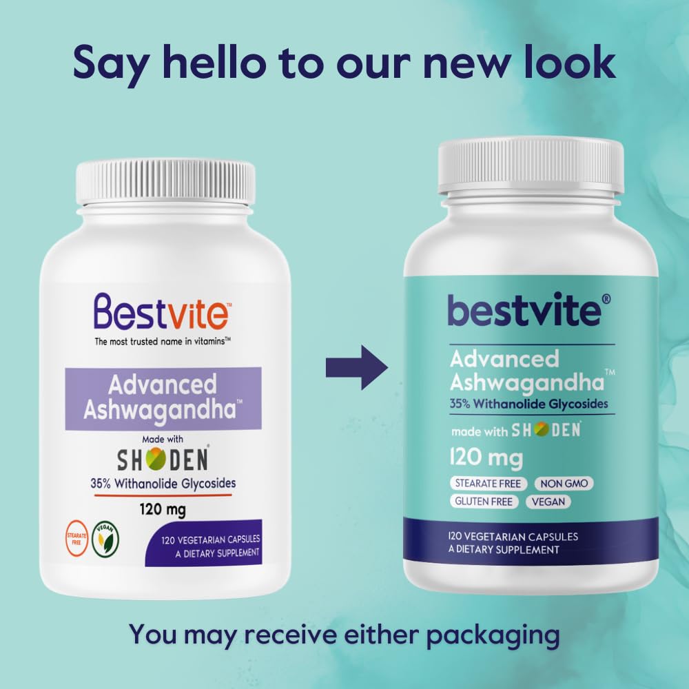 BESTVITE Advanced Ashwagandha 120mg w/Shoden (120 Vegetarian Capsules) - Clinically Studied Containing Industry Leading 35% Withanolide Glycosides - No Stearates - Vegan - Non GMO - Gluten Free - OzHealthStandard
