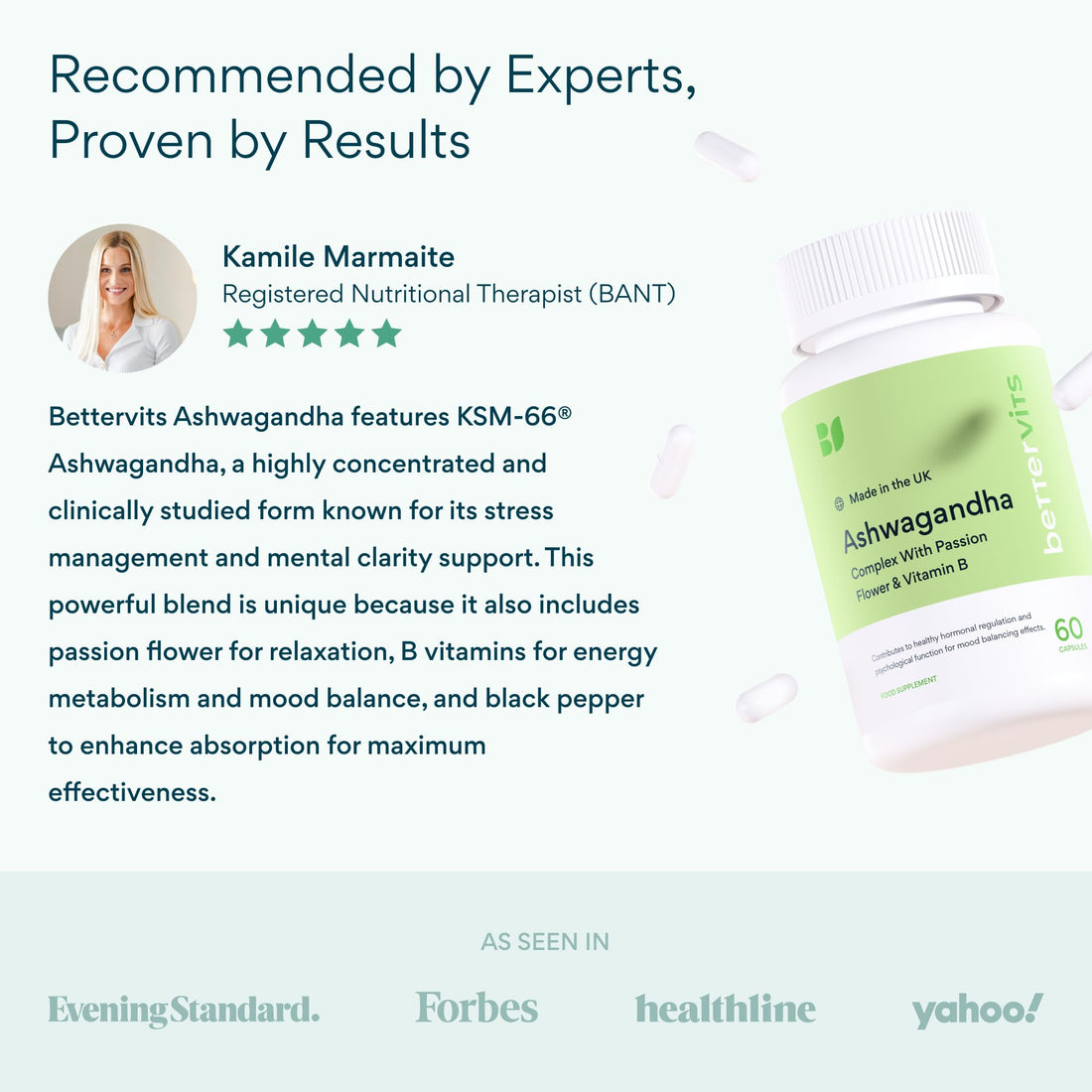 Bettervits Ashwagandha Complex with Passion Flower and Vitamin B – KSM-66® Organic Root Extract 800 mg – Supports Calm, Energy and Emotional Balance – 60 Capsules - OzHealthStandard