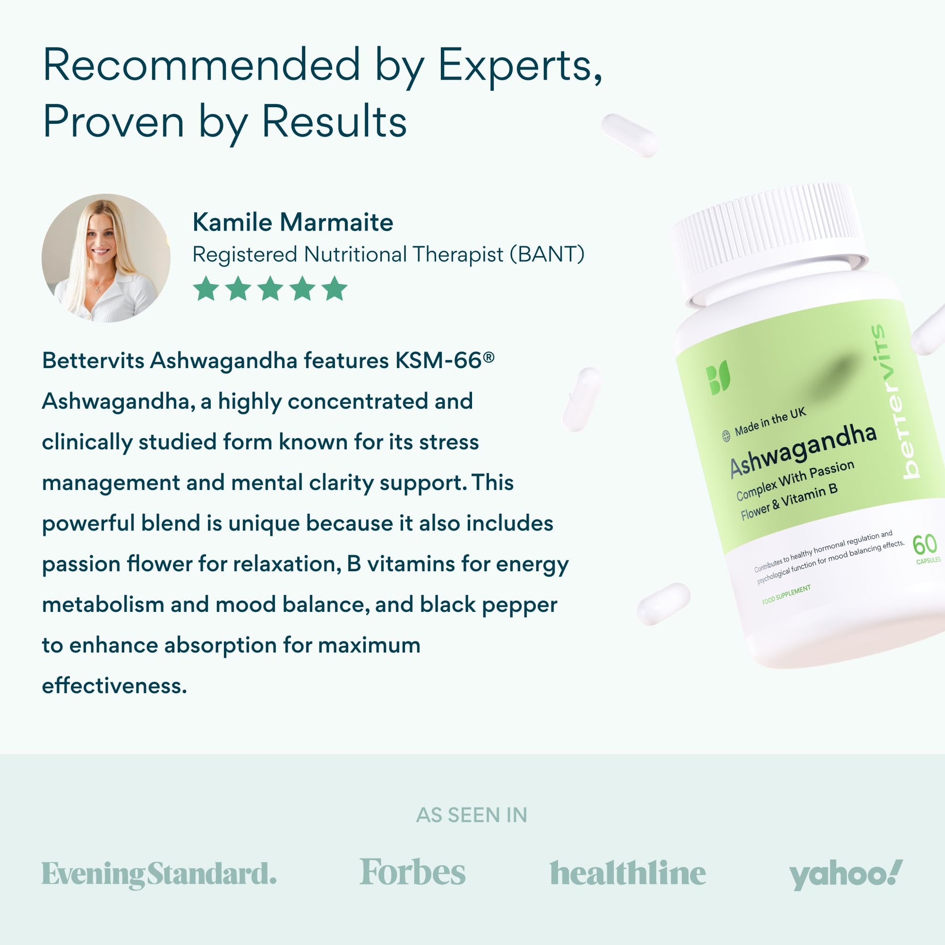 Bettervits Ashwagandha Complex with Passion Flower and Vitamin B – KSM-66® Organic Root Extract 800 mg – Supports Calm, Energy and Emotional Balance – 60 Capsules - OzHealthStandard