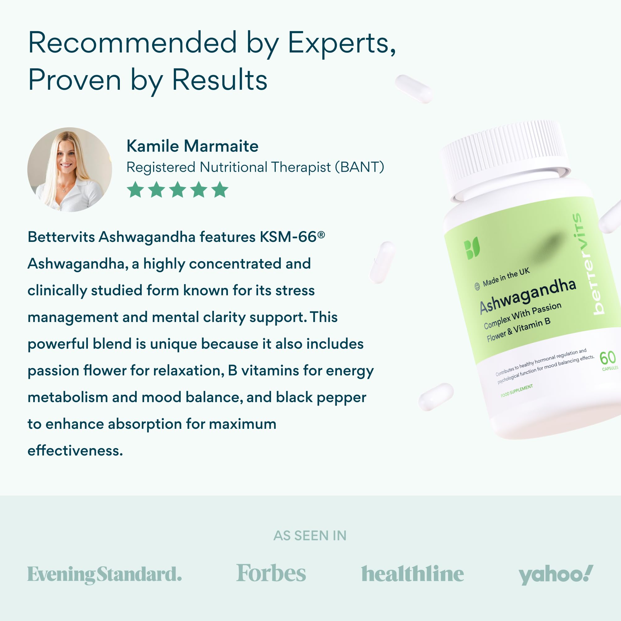 Bettervits Ashwagandha Complex with Passion Flower and Vitamin B – KSM-66® Organic Root Extract 800 mg – Supports Calm, Energy and Emotional Balance – 60 Capsules - OzHealthStandard