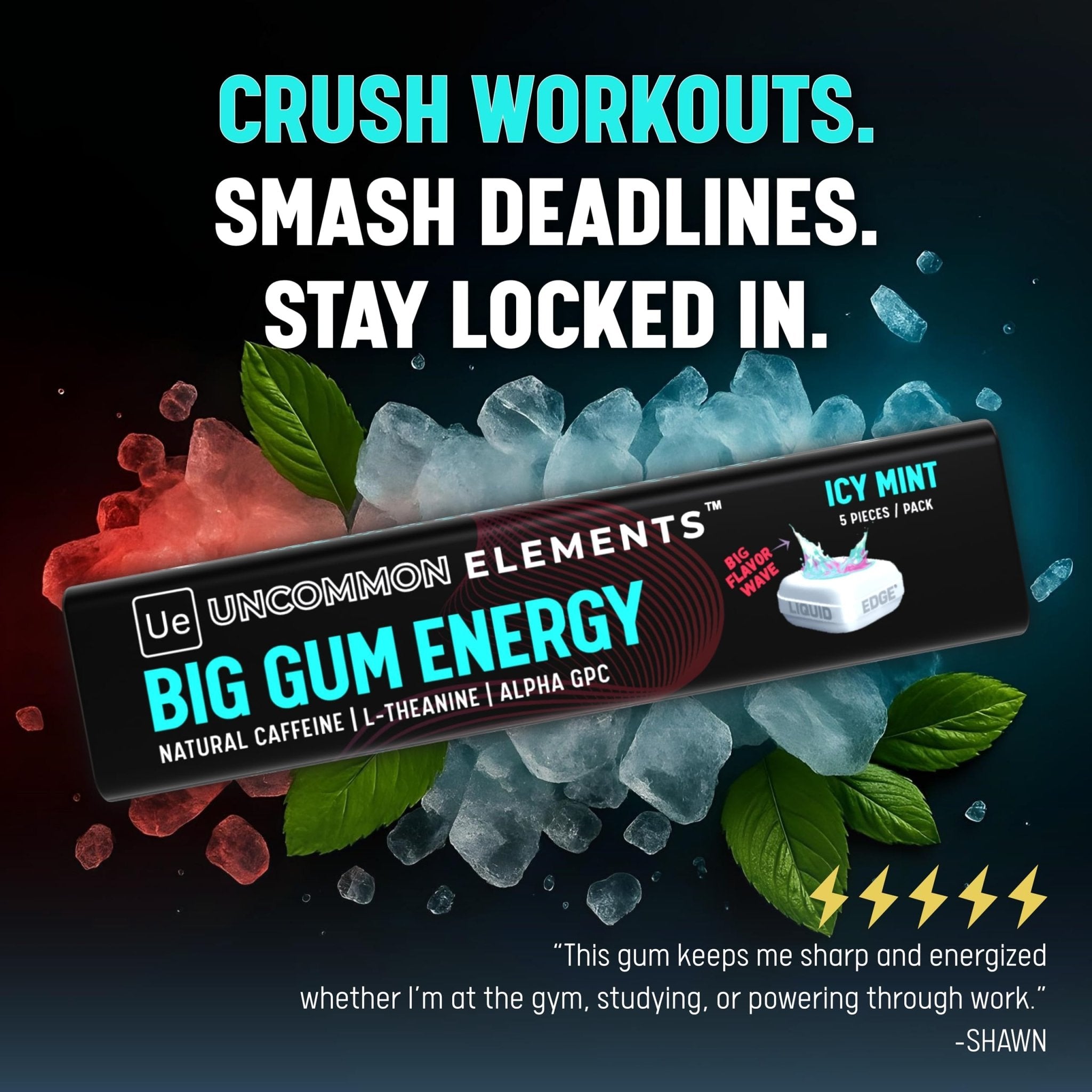BIG GUM ENERGY & FOCUS – 80mg Caffeine + 40mg L-Theanine + 80mg Alpha GPC – Nootropic Chewing Gum for Focus, Energy & Execution – Icy Mint – 25 Pieces (5 Packs) Gym & Work Execution. - OzHealthStandard