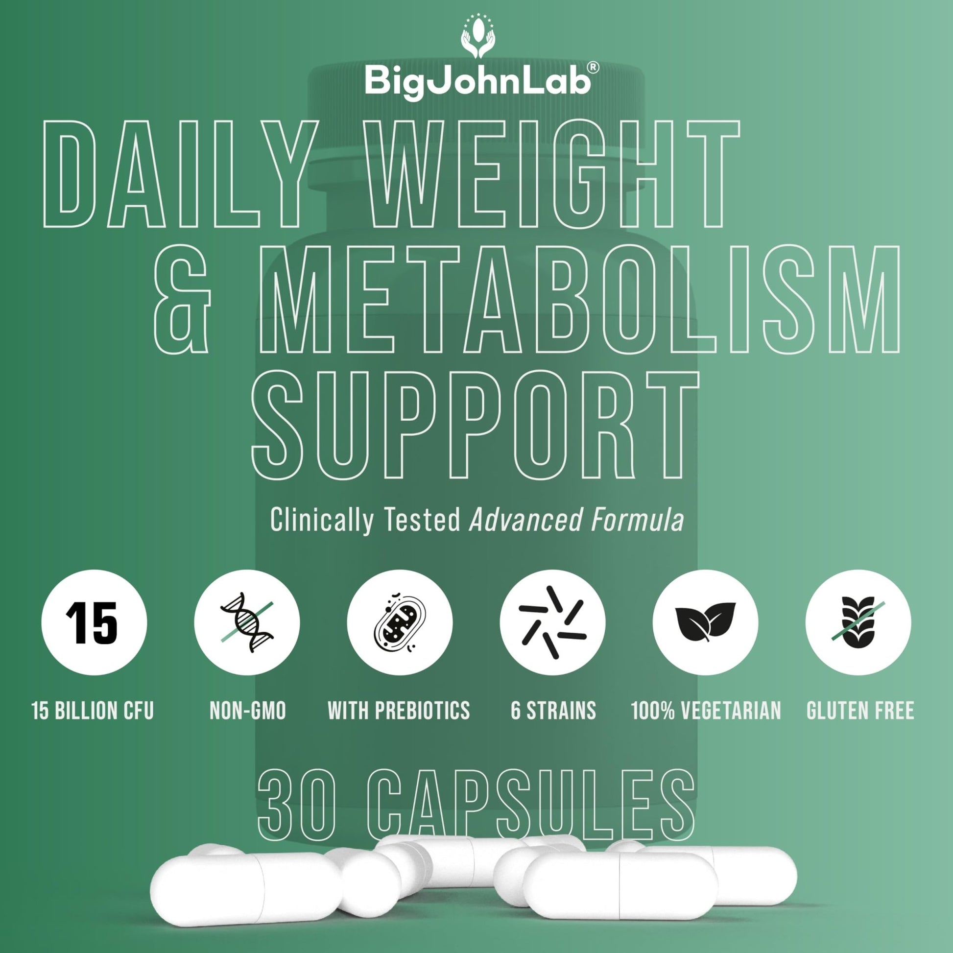 BIGJOHNLAB® - Probiotics for Weight Management & Bloating - 6 Probiotic Strains - Prebiotics - Key Ingredient Cayenne & Green Tea - Supports Gut Health - Weight Management for Women & Men - 30 CT - OzHealthStandard