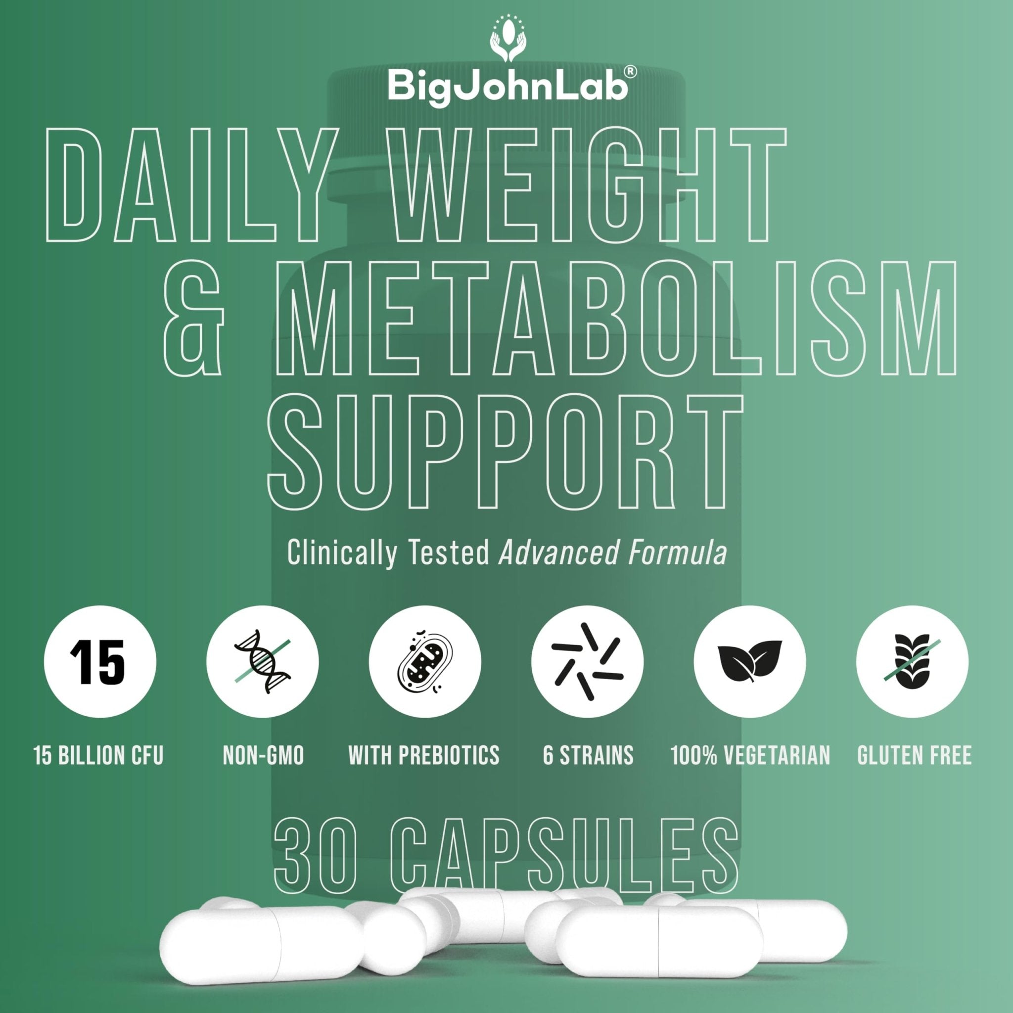 BIGJOHNLAB® - Probiotics for Weight Management & Bloating - 6 Probiotic Strains - Prebiotics - Key Ingredient Cayenne & Green Tea - Supports Gut Health - Weight Management for Women & Men - 30 CT - OzHealthStandard